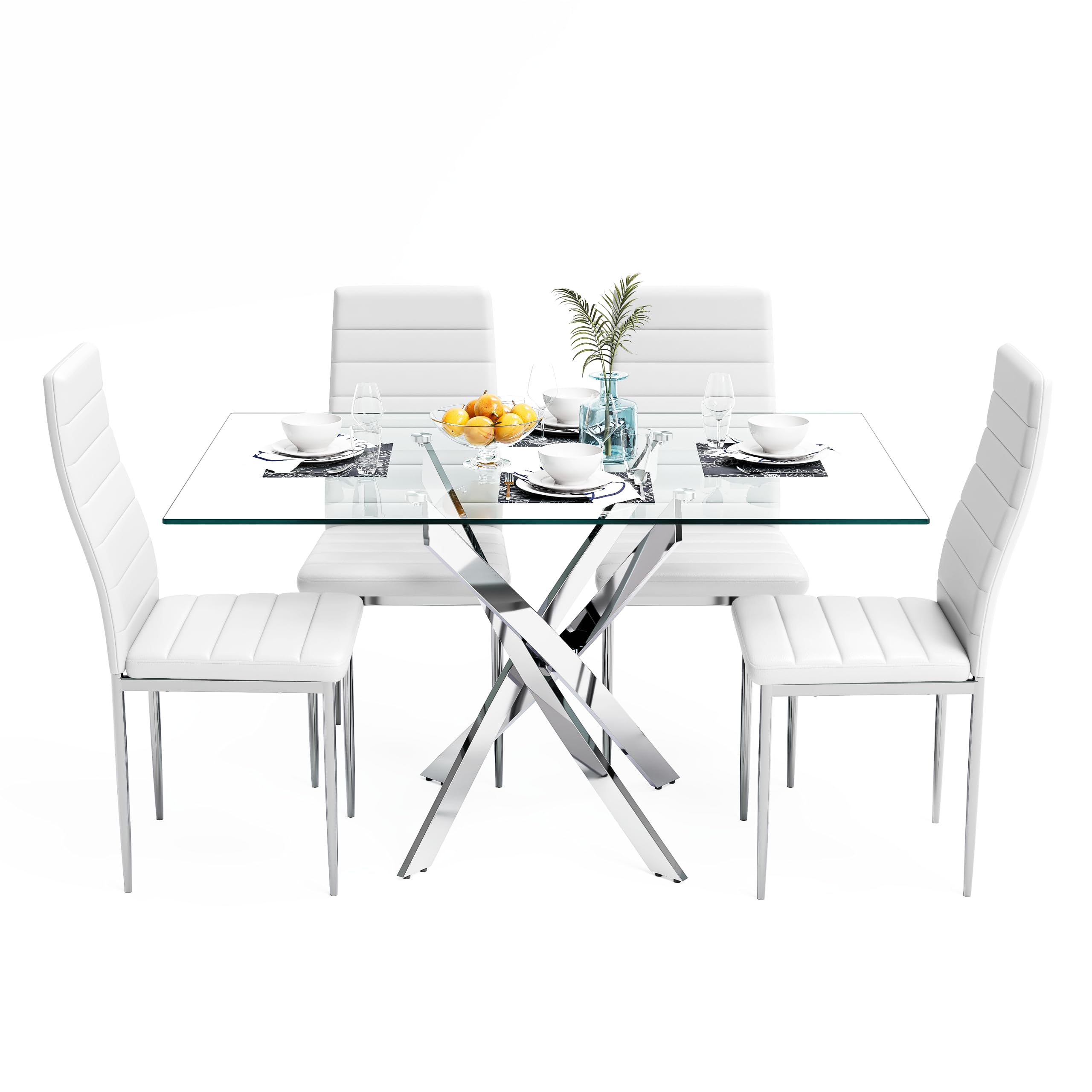 5-Piece Tempered Glass Dining Table Set for 4 with Upholstered Chairs - Modern Kitchen & Dining Room Furniture (Silver Table & White Chairs) | Perfect for Family Meals, Dinner Parties & Small Space Apartments
