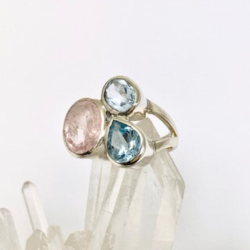 Morganite & Blue Topaz Faceted Multi-Stone Ring - Size 7.5 - PRGJ619 - Perfect for Engagement, Anniversary & Special Occasion Gifts