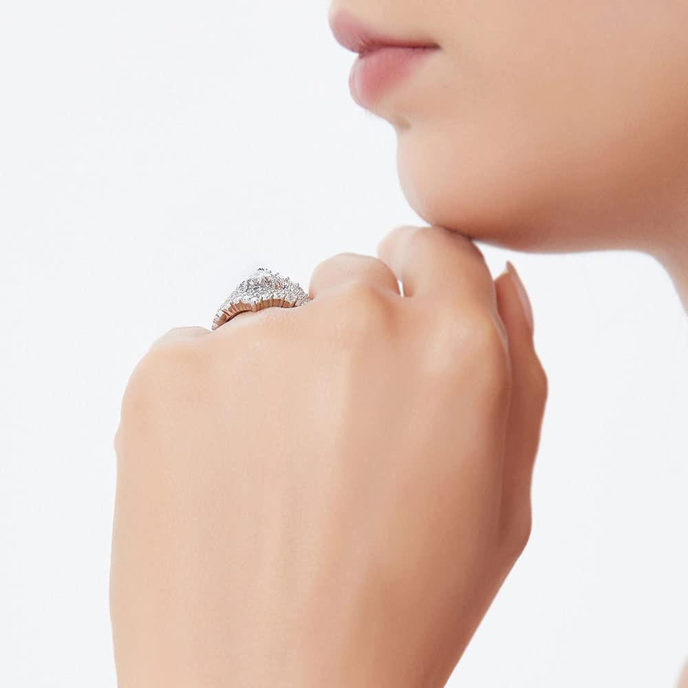 BERRICLE Sterling Silver Pear Cut Cubic Zirconia Halo Engagement Ring Set for Women - Rhodium Plated Wedding Band, Size 4-10 - Perfect for Proposals, Anniversaries & Bridal Jewelry