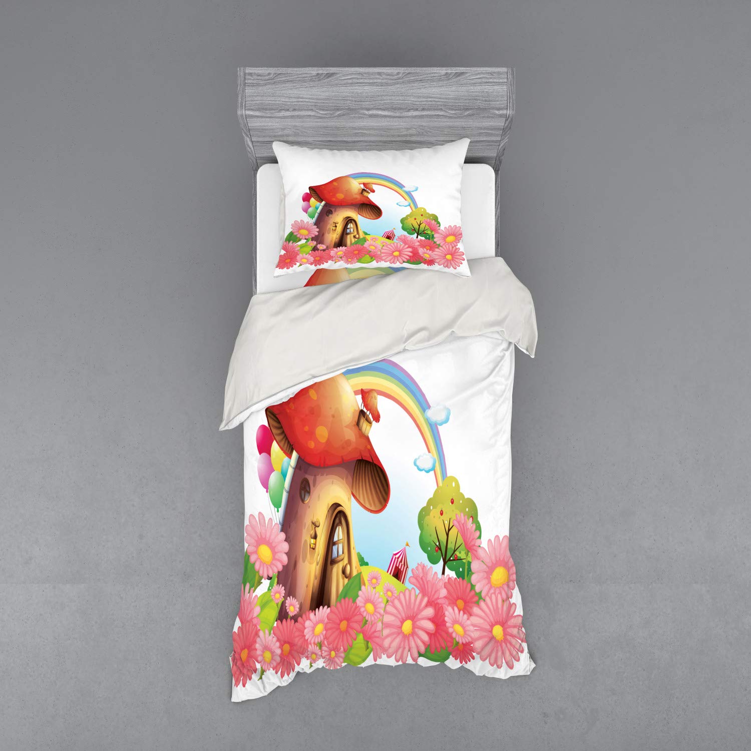Ambesonne Mushroom Duvet Cover Set - Whimsical Little Shroom House in Flower Garden with Rainbow Fruit Trees, Circus Tent & Balloons - 3 Piece Twin Size Bedding Set with Sham & Fitted Sheet - Perfect for Kids Rooms, Nursery Decor & Fantasy Themed Bedrooms