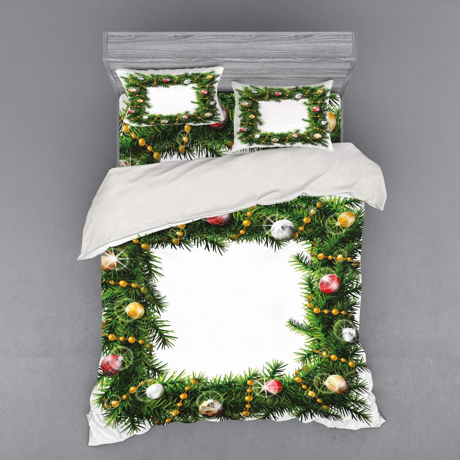 Ambesonne Christmas Bedding Set 4-Piece - Holiday Wreath Print Duvet Cover with Shams & Fitted Sheet, California King Size, Multicolor Festive Design for Winter Celebrations & Cozy Bedroom Decor