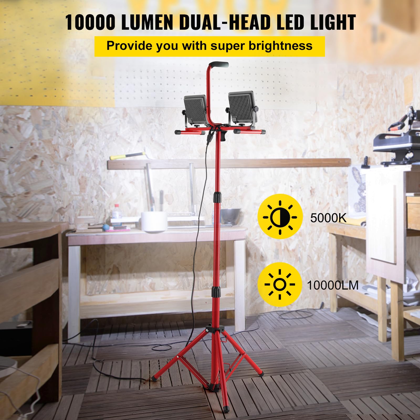 VEVOR 2PCS 10000 Lumen Dual-head LED Work Light with Adjustable Tripod Stand (27.6
