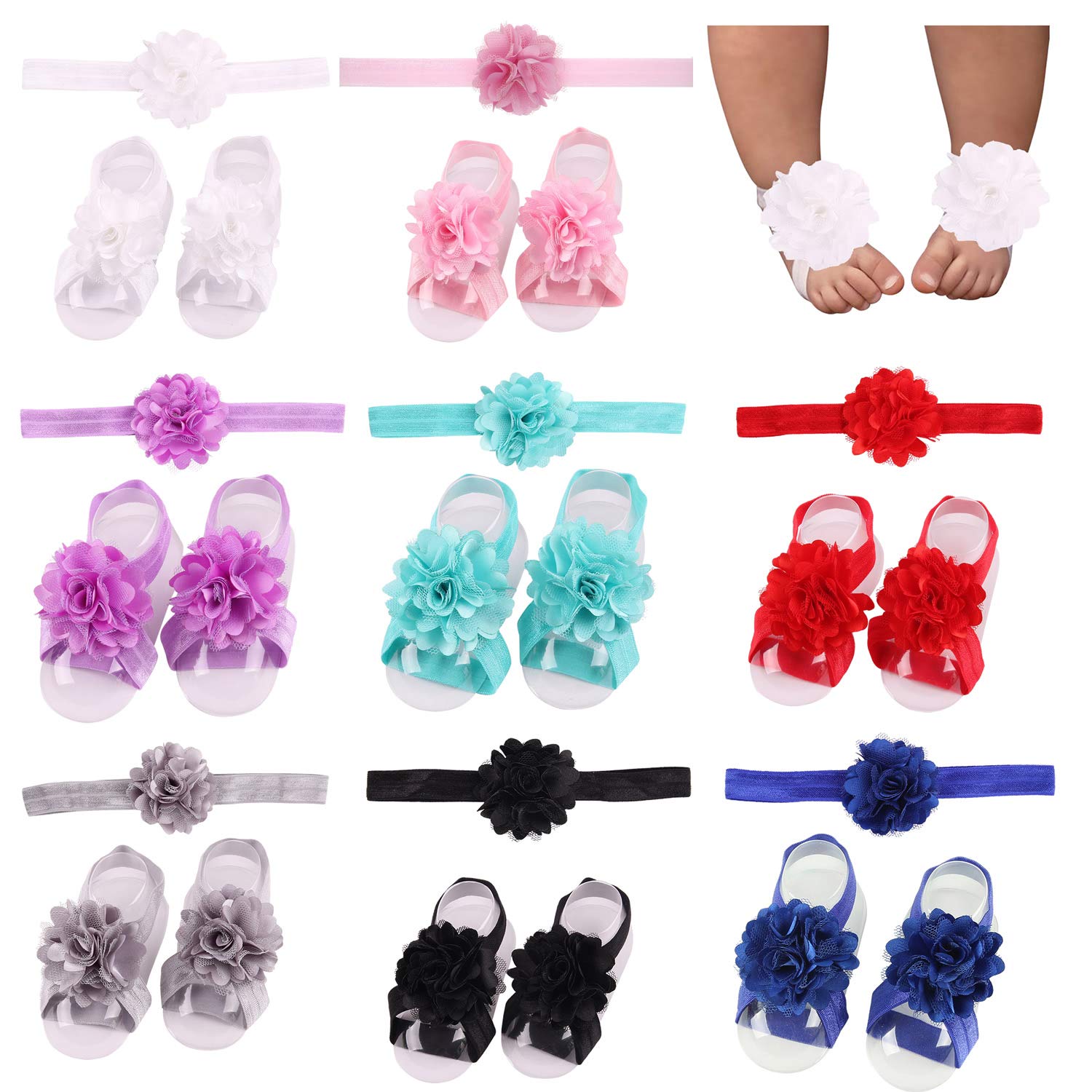 8 Pairs Satin Floral Headbands & Barefoot Sandals for Baby Girls - Soft Hair Accessories & Newborn Photography Props - Perfect for Birthday Parties, Photo Shoots & Special Occasions