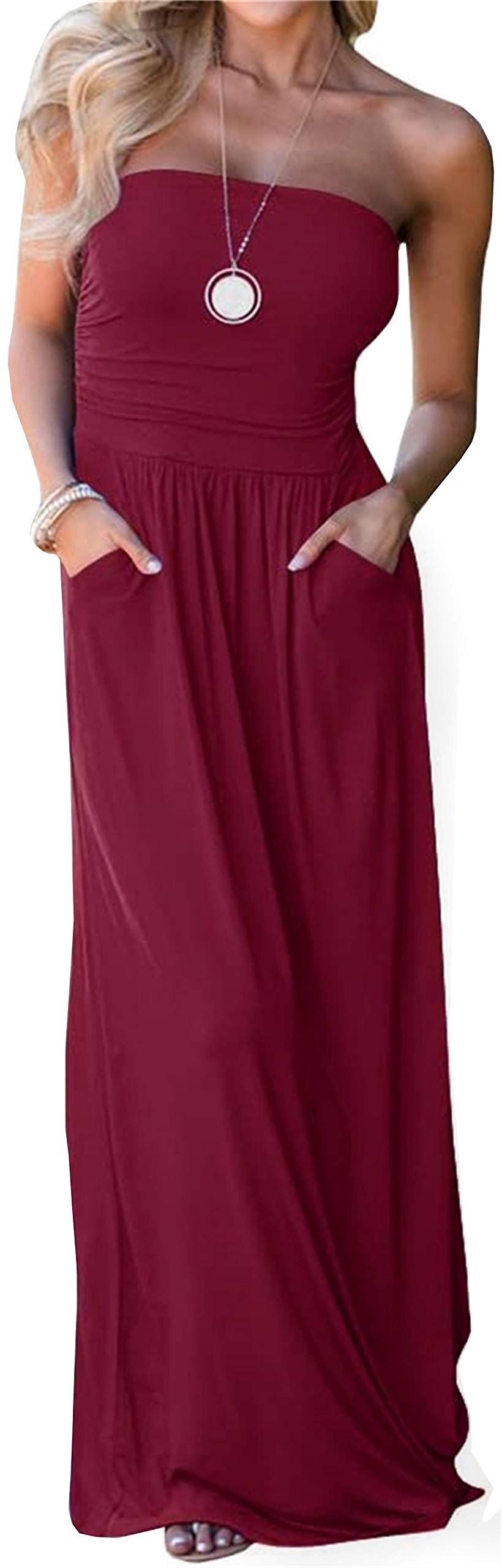 PRIMODA Women's Strapless Tube Top Maxi Dress - Floral Boho Beach Dress with Pockets for Summer Vacation, Pool Party & Outdoor Date Night