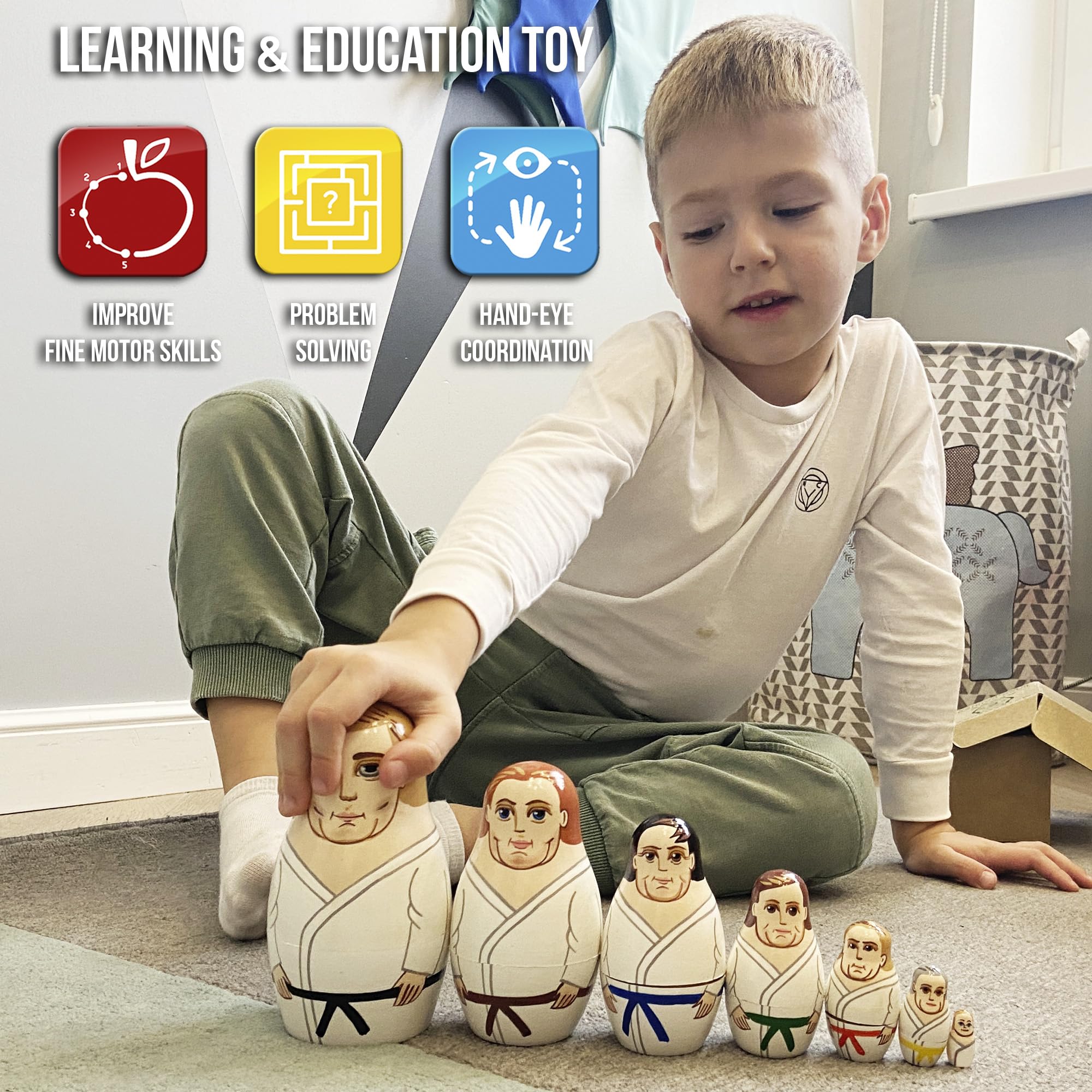 AEVVV 7-Piece Martial Arts Nesting Dolls Set - Unique Karate & Taekwondo Gifts - Handmade Wooden Russian Dolls - Perfect for Martial Arts Party Decorations, Home Display & Collectors