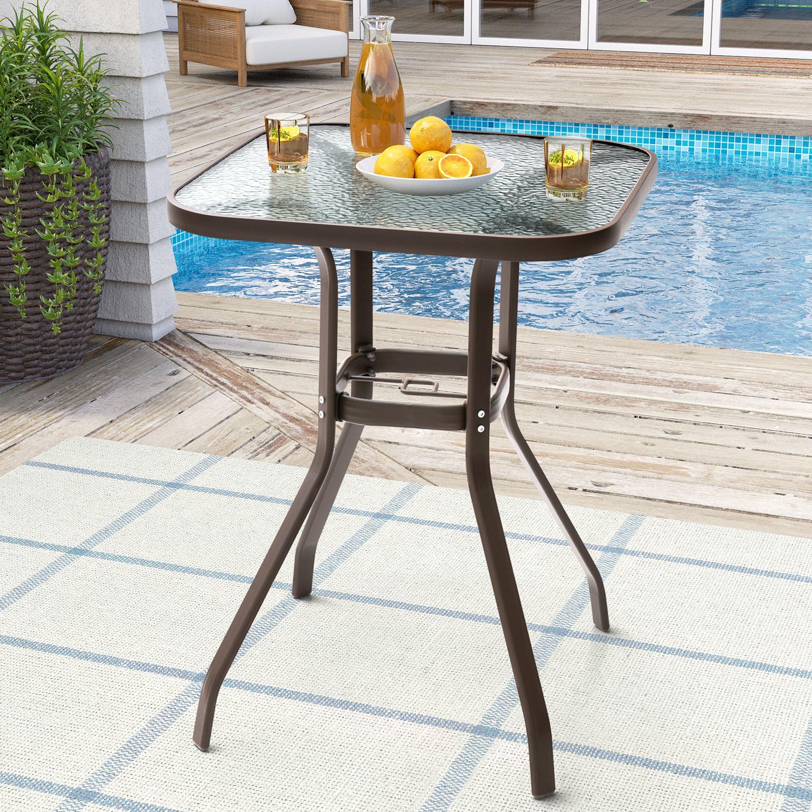 Crestlive Outdoor Bar Table with Umbrella Hole - Aluminum Frame & Tempered Glass Top Patio Dining Bistro Table - Durable Garden, Poolside, Deck, Lawn Furniture for Outdoor Entertaining (Brown)