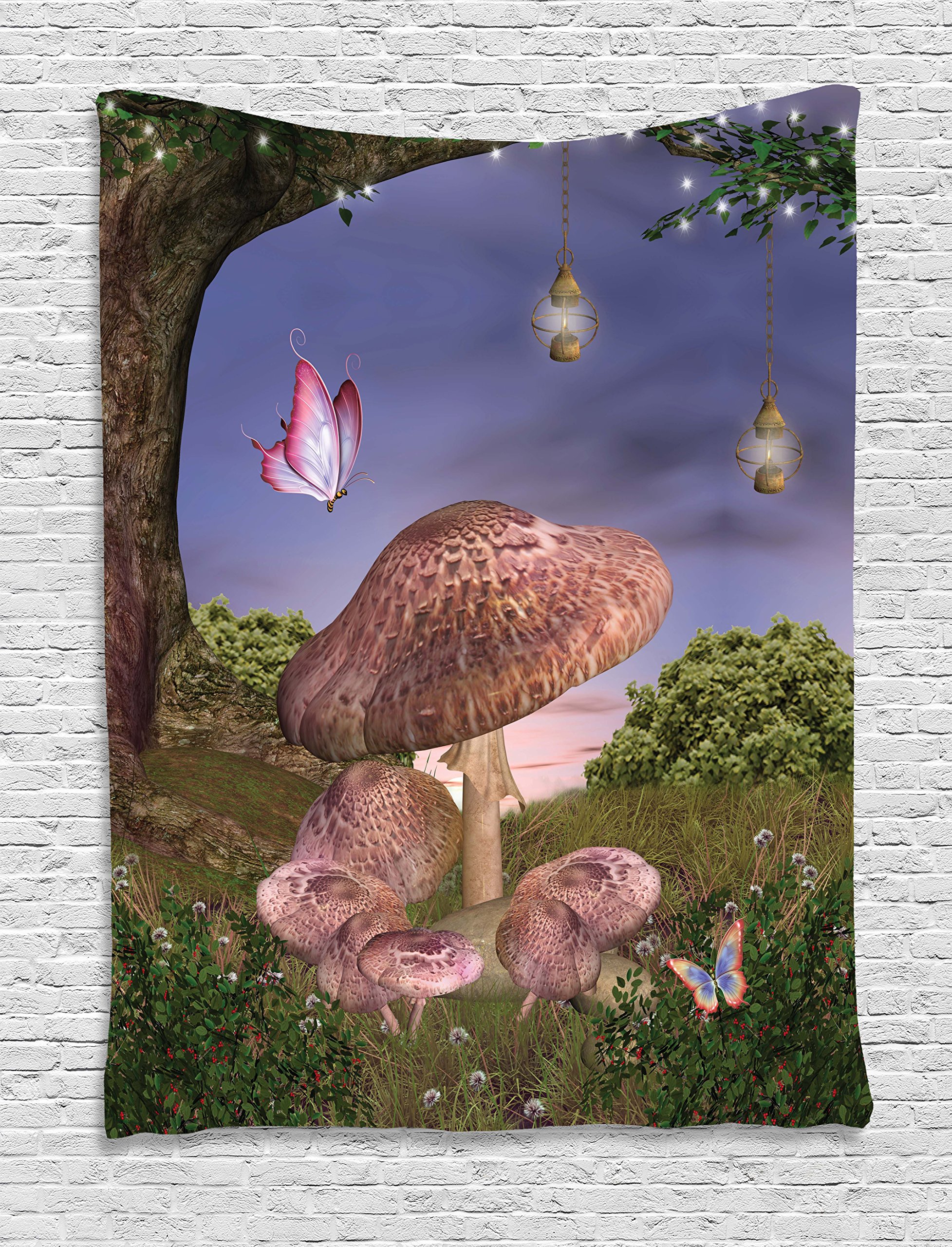 Ambesonne Fantasy Tapestry - Enchanted Forest Wall Art with Butterflies & Mushrooms | 60x80 Inch Colorful Bohemian Wall Hanging for Bedroom, Living Room, Dorm Decor | Perfect for Hippie Aesthetic, Meditation Spaces & Cozy Home Makeover