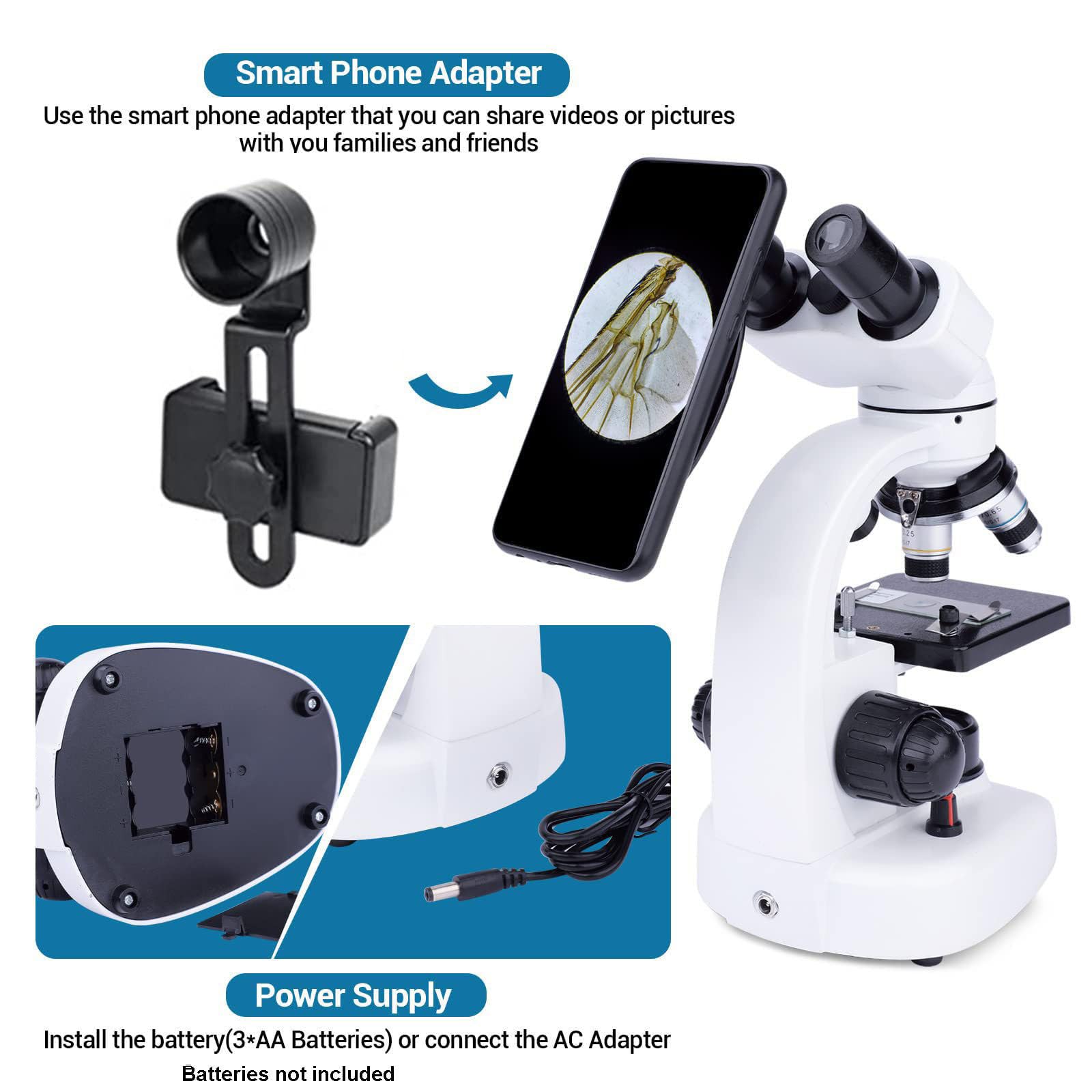 6000x 10000x 15000x Magnification Binocular Microscope for Adults & Students - Dual LED Illumination with Phone Adapter & Storage Bag - Perfect for Lab Experiments, School Science Projects & Home Biology Studies