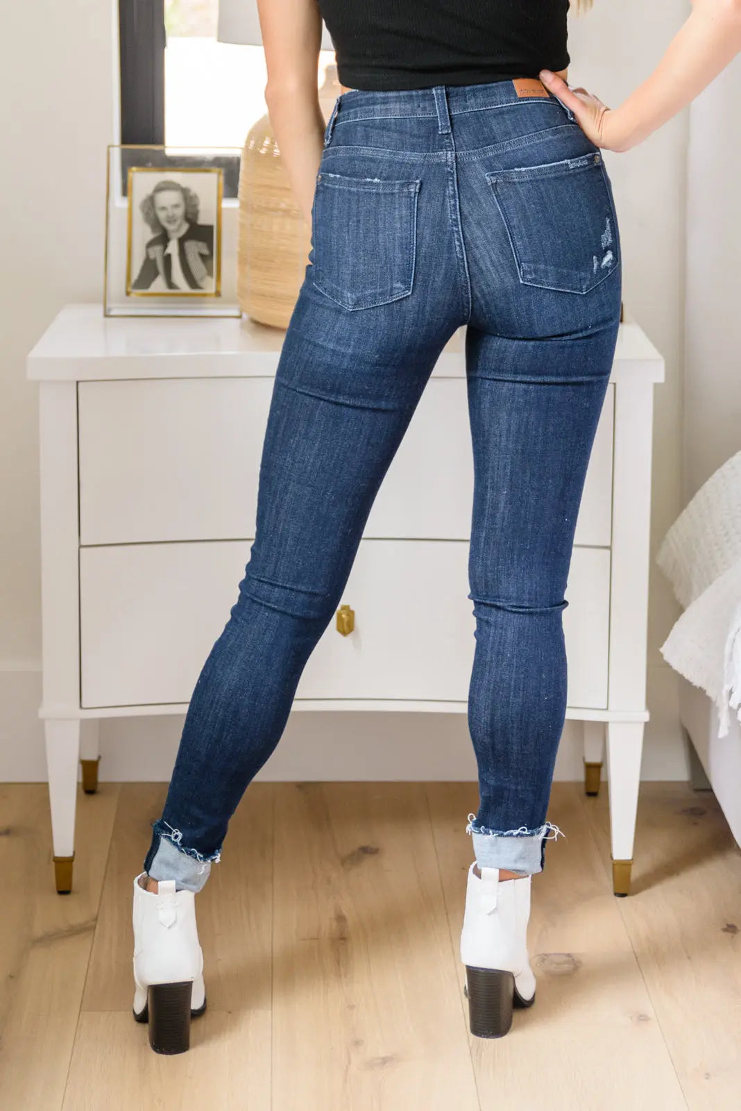Maeve Mid Rise Dark Wash Cuffed Skinny Jeans for Women - Stretchy Denim Pants, Slim Fit, Comfortable Everyday Wear for Work & Casual Outings