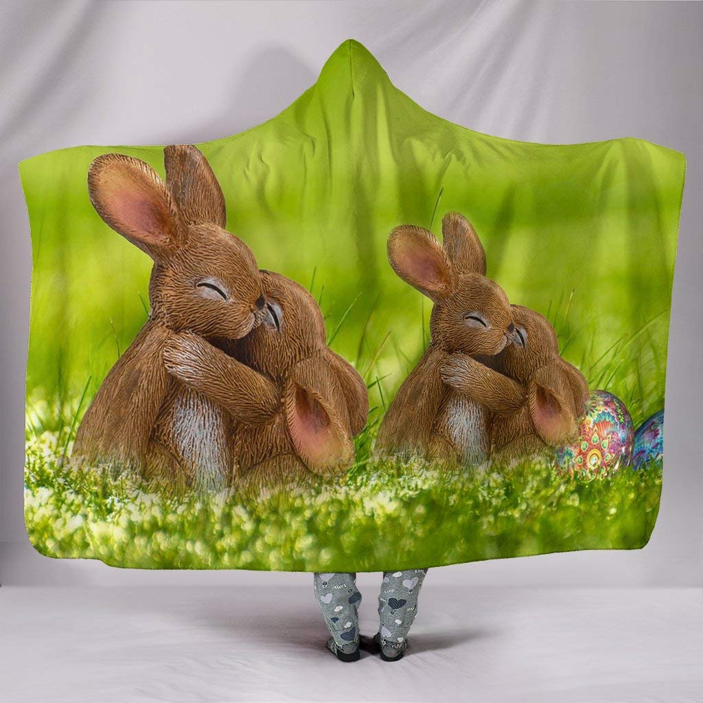 Pawlice Cute Easter Bunny Print Hooded Blanket - Soft Fleece Wearable Blanket with Pockets for Adults & Kids - Perfect for Easter Gifts, Cozy Movie Nights & Indoor Lounging