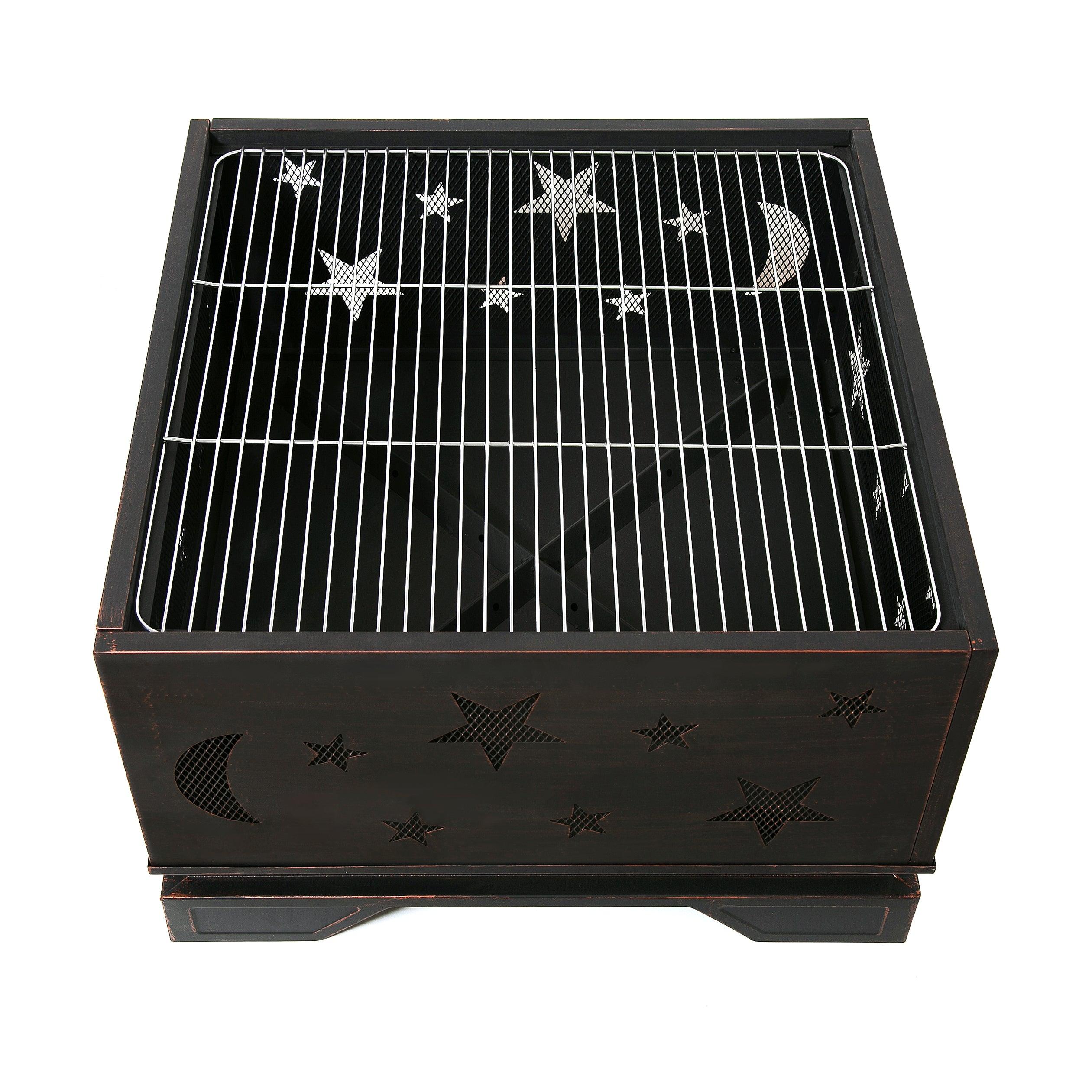 26 Inch Square Fire Pit with BBQ Grill - Outdoor Wood Burning Fire Pit with Poker Tool - Large Fireplace for Patio, Garden, Camping, Backyard & Picnic - Perfect for Bonfires, Roasting Marshmallows & Outdoor Gatherings
