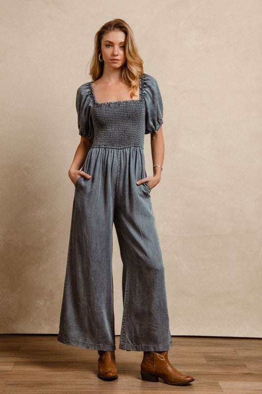 Women's Puff Sleeve Square Neck Denim Jumpsuit - Casual Chic Romper for Spring Summer Outfits | Perfect for Date Night, Brunch & Vacation