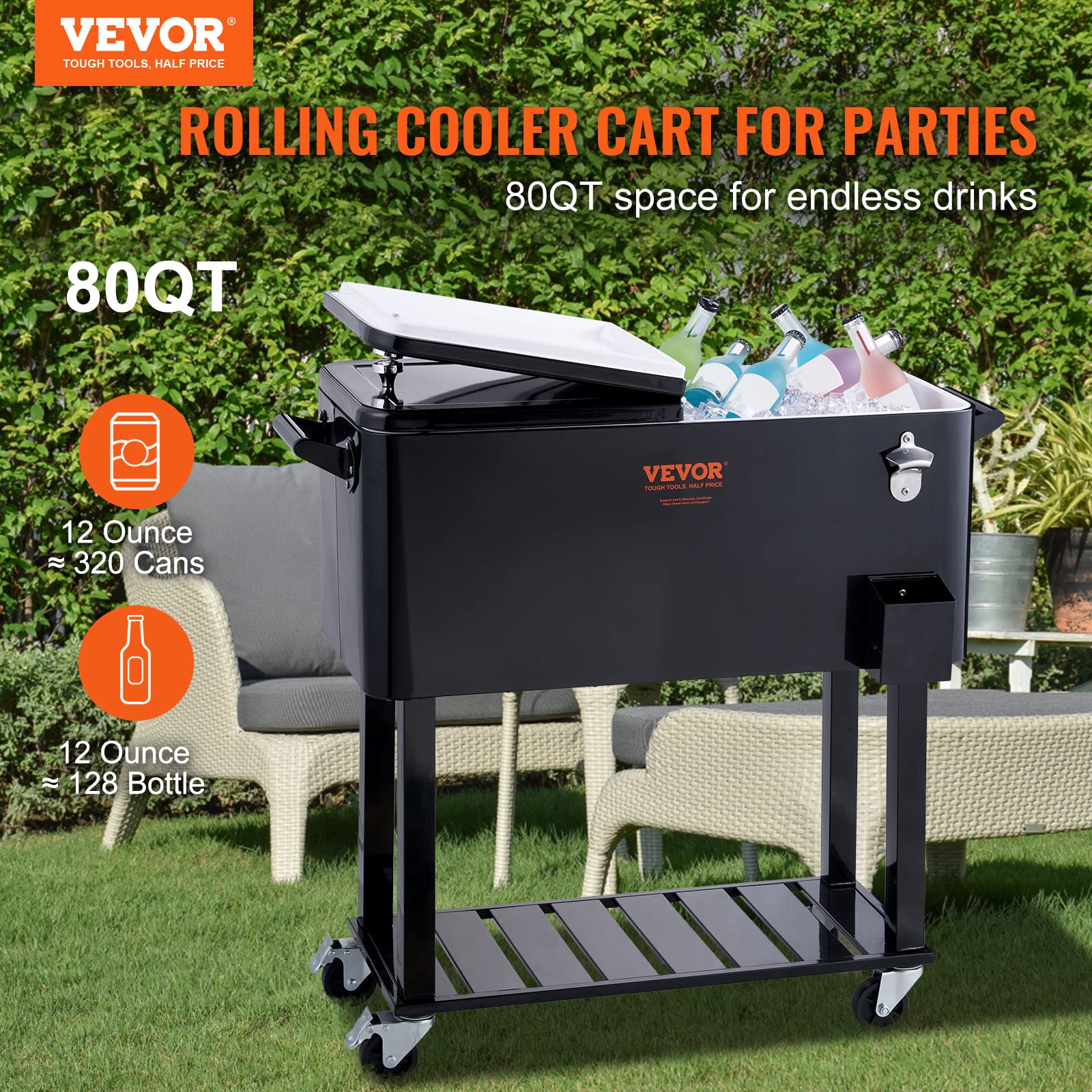 VEVOR 80 Quart Rolling Ice Chest Cooler Cart with Wheels - Portable Drink Cooler for Beverages, Beer & Wine - Outdoor Bar Cooler with Bottle Opener & Handles - Perfect for Patio, Backyard, BBQ, Pool Party & Tailgating - Black