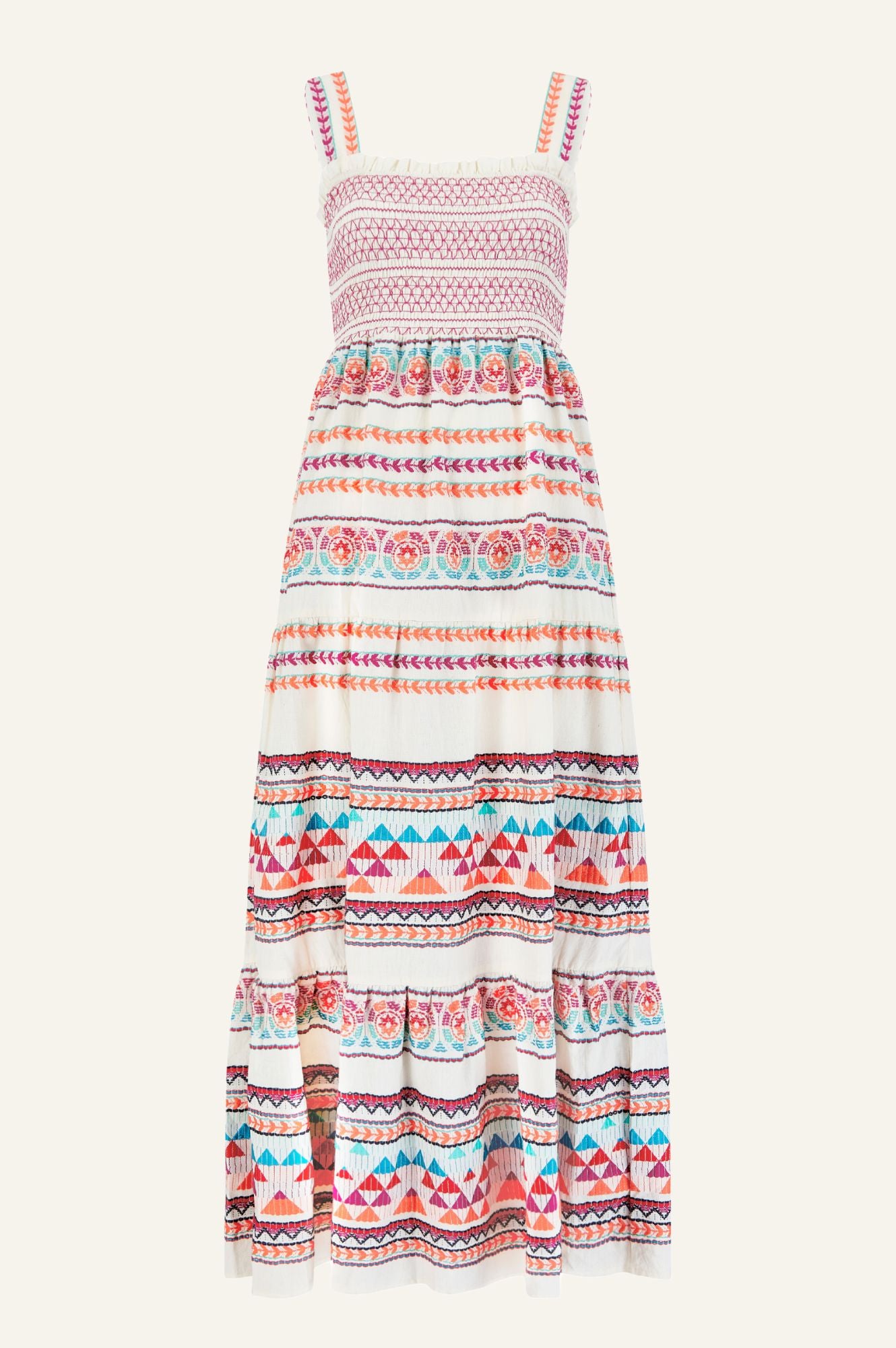 Floral Jacquard Sundress for Women - Lightweight Summer Dress with Puff Sleeves | Ecru & Multi Color Boho Maxi Dress | Perfect for Beach Vacation, Garden Party & Casual Outings