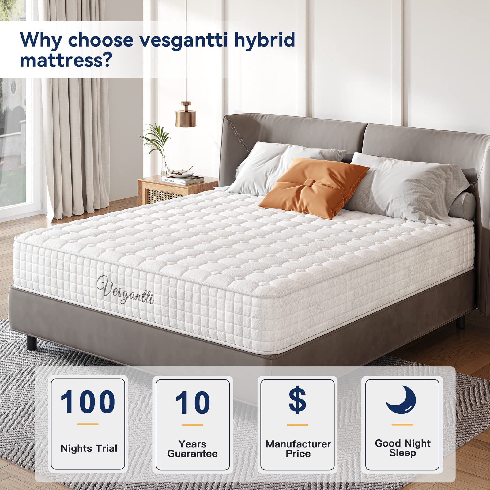 Vesgantti 8 Inch Hybrid Twin XL Mattress - Memory Foam & Pocket Spring Support, Medium Firm Feel, Breathable & Ergonomic Design for Back Pain Relief, Multiple Sizes & Styles, Perfect for Guest Rooms, Dorms & Small Spaces (White)