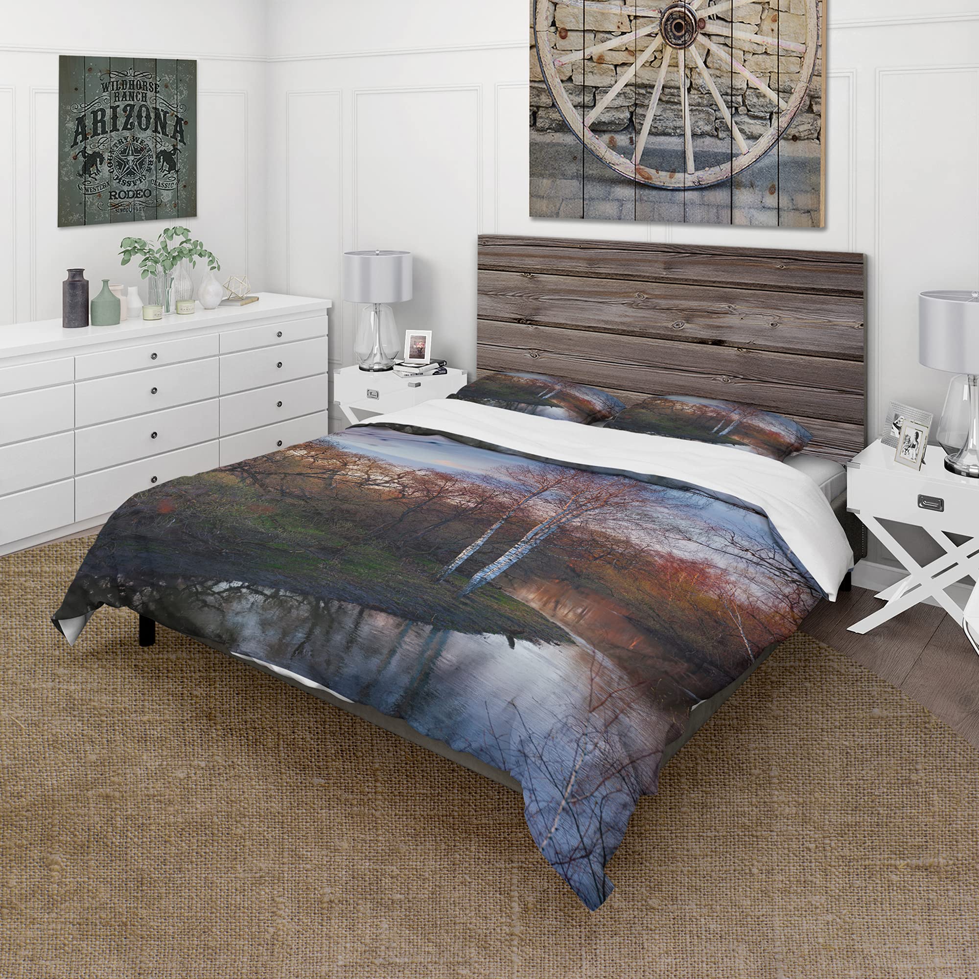 DesignQ Forest River Spring Traditional Duvet Cover Set - King Size Red Landscape Bedding 3-Piece Set | All-Season Comfort for Master Bedroom & Guest Room Decor
