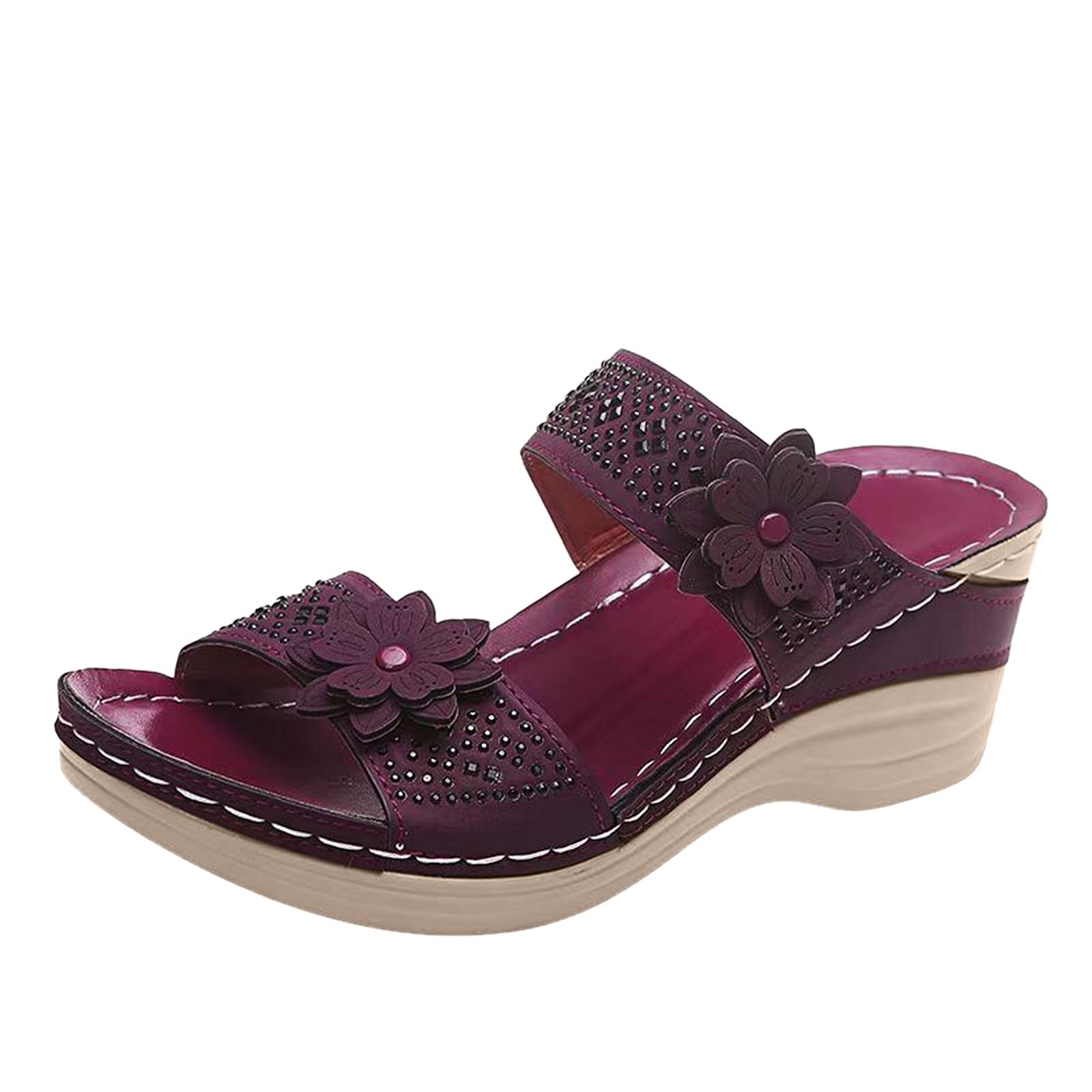 Women's Breathable Slip-On Wedge Sandals with Peep Toe & Floral Design - Comfortable Beach Shoes for Summer Walking, Travel & Casual Outfits