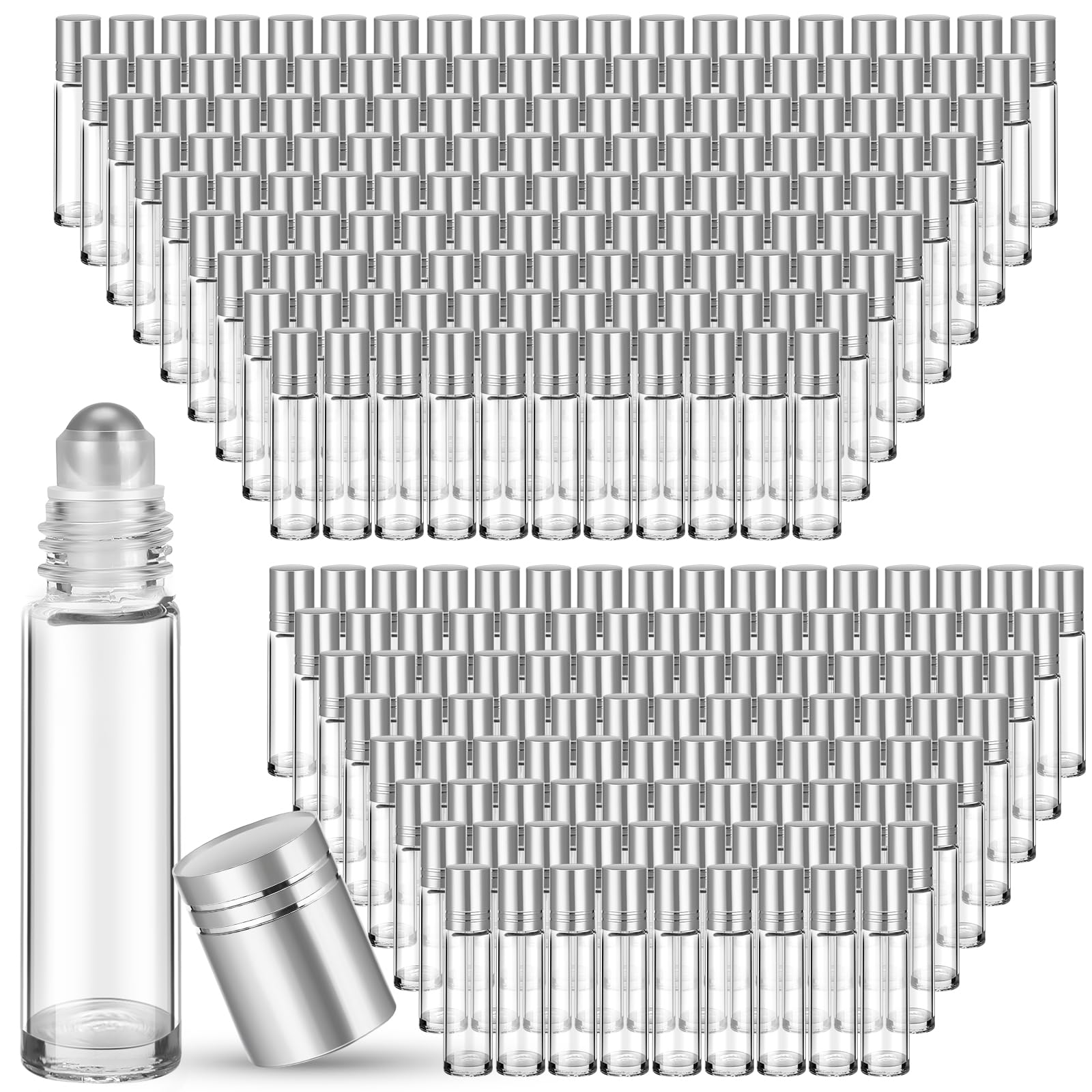 Sumind 250 Pcs 10ml Empty Glass Essential Oil Roller Bottles with Stainless Steel Balls - Leakproof Roll On Bottles for Travel, Includes 5 Funnels (Clear with Silver Cap) - Perfect for DIY Aromatherapy, Perfume Making & On-the-Go Essential Oil Blending