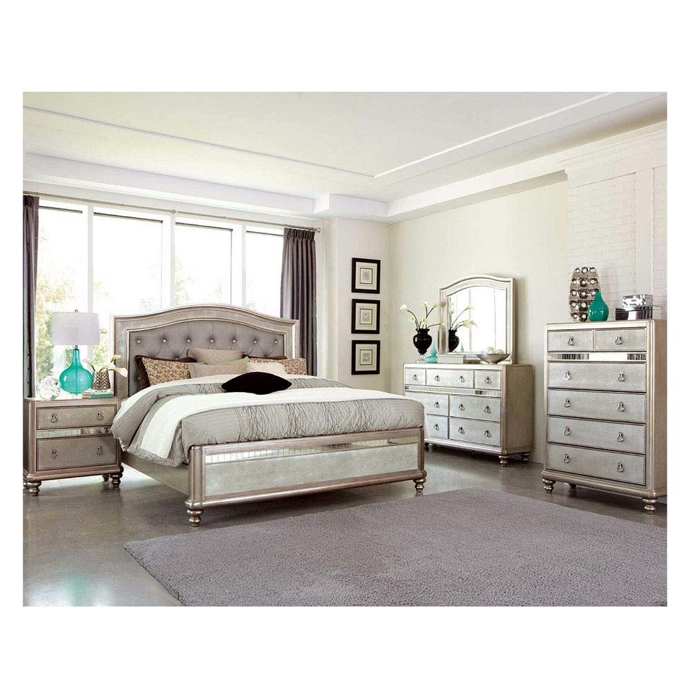 Thaweesuk 4-Piece Contemporary Glamorous Metallic Platinum King Size Bedroom Set - Mirrored Bed, Nightstand, Dresser & Mirror - Solid Hardwood Furniture for Luxurious Master Bedroom Decor