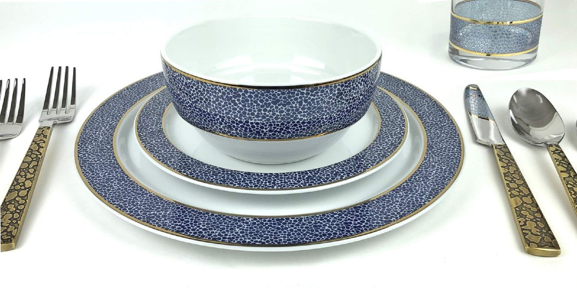 Panthera Indigo Blue 3-Piece Dinnerware Set - Elegant Plates, Bowls & Mugs for Formal Dining, Casual Meals & Entertaining
