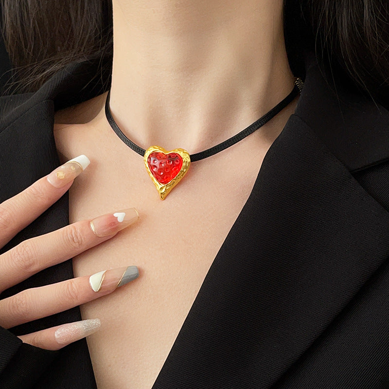 Vintage Red Heart Pendant Suede Choker Necklace for Women | HN2523 | Valentine's Day Gift, Romantic Date Jewelry, 90s Retro Accessory