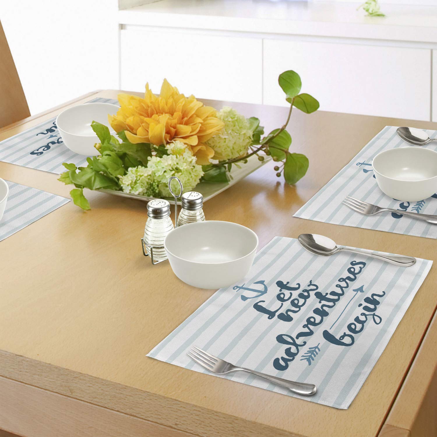 Ambesonne Nautical Stripes Anchor & Arrow 4-Piece Placemats Set - Washable Fabric Dining Table Mats for Cruise, Travel & Sea-Themed Decor - Standard Size in Night Blue & Pale Blue - Perfect for Beach House, Coastal Kitchen & Cruise Ship Dining
