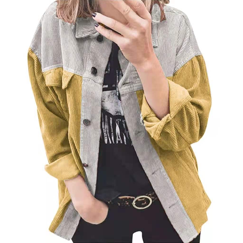 Women's Casual Corduroy Jacket - Button Down Color Block Patchwork Coat with Oversized Long Sleeves & Lapel Neck | Perfect for Fall Layering, Streetwear Fashion & Everyday Outfits