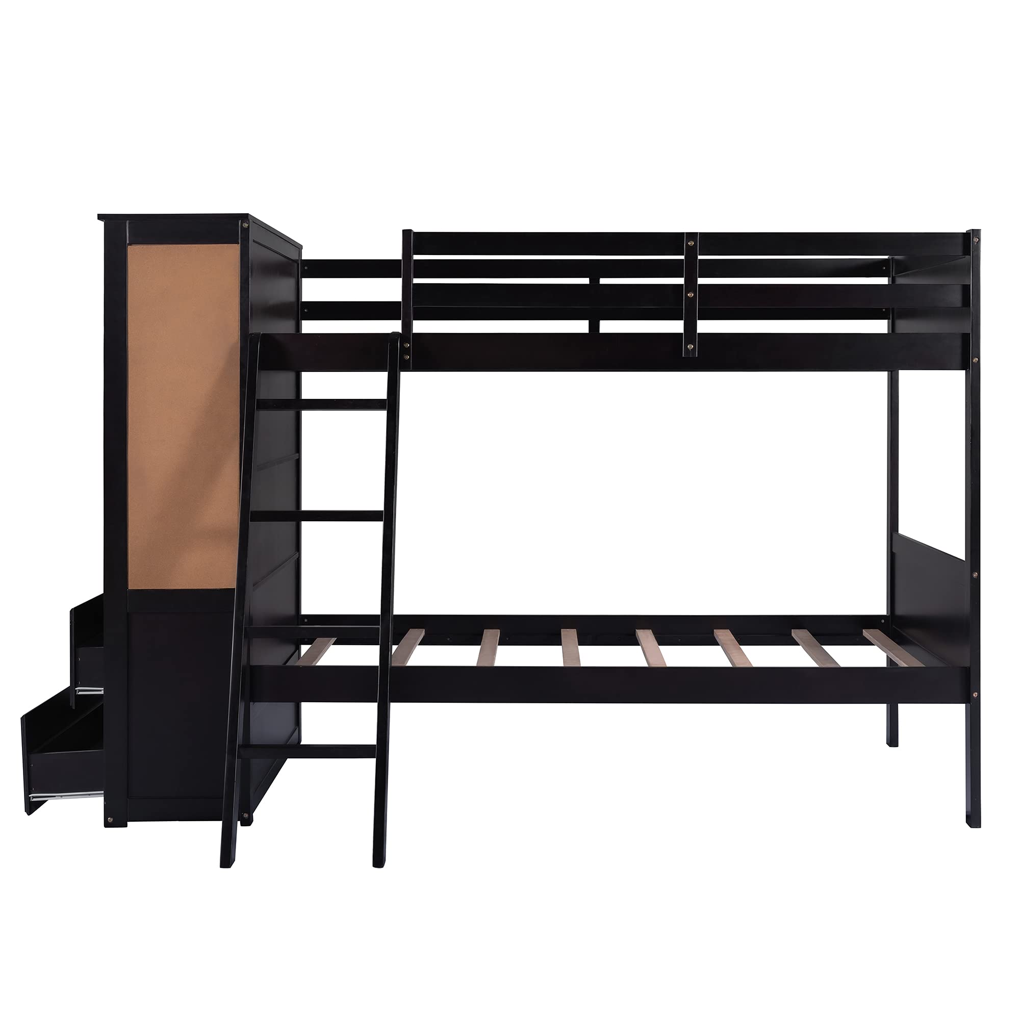 LZ LEISURE ZONE Twin Over Twin Bunk Bed with Bookcase, Full-Length Guardrails & Ladder - Space-Saving Kids Bedroom Furniture with Storage Shelves & Drawers (Espresso) - Perfect for Small Rooms, Shared Kids Bedrooms & Vacation Homes