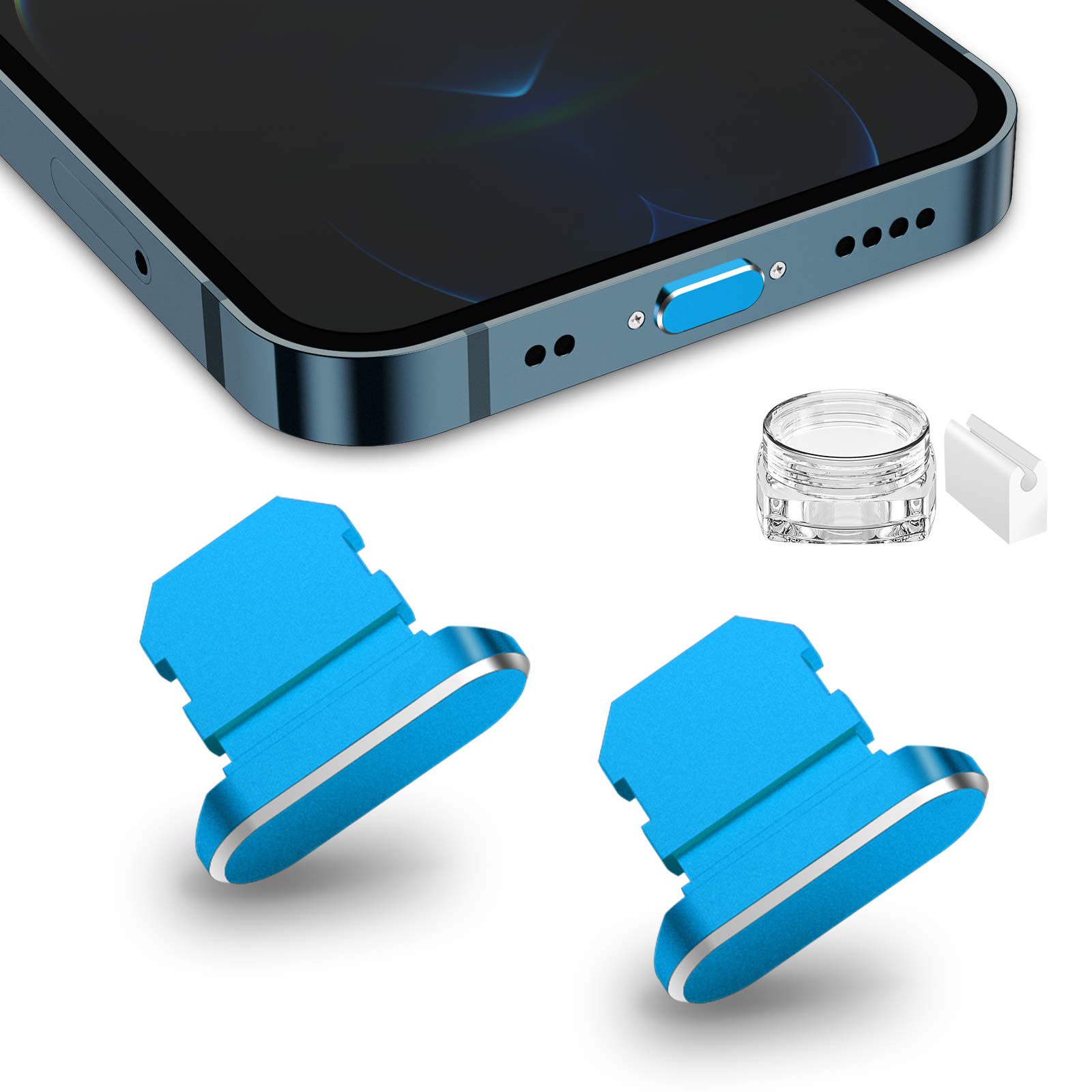 2 Pack Anti Dust Plugs for iPhone 14 Pro Max/13/12/11/Xs/XR/X/8/7/6 Plus/SE - 8 Pin Charging Port Dust Covers with Mini Storage Box - Compatible with AirPods & iPad Mini (Blue) - Keep Your Devices Clean & Protected at Home, Office or Travel