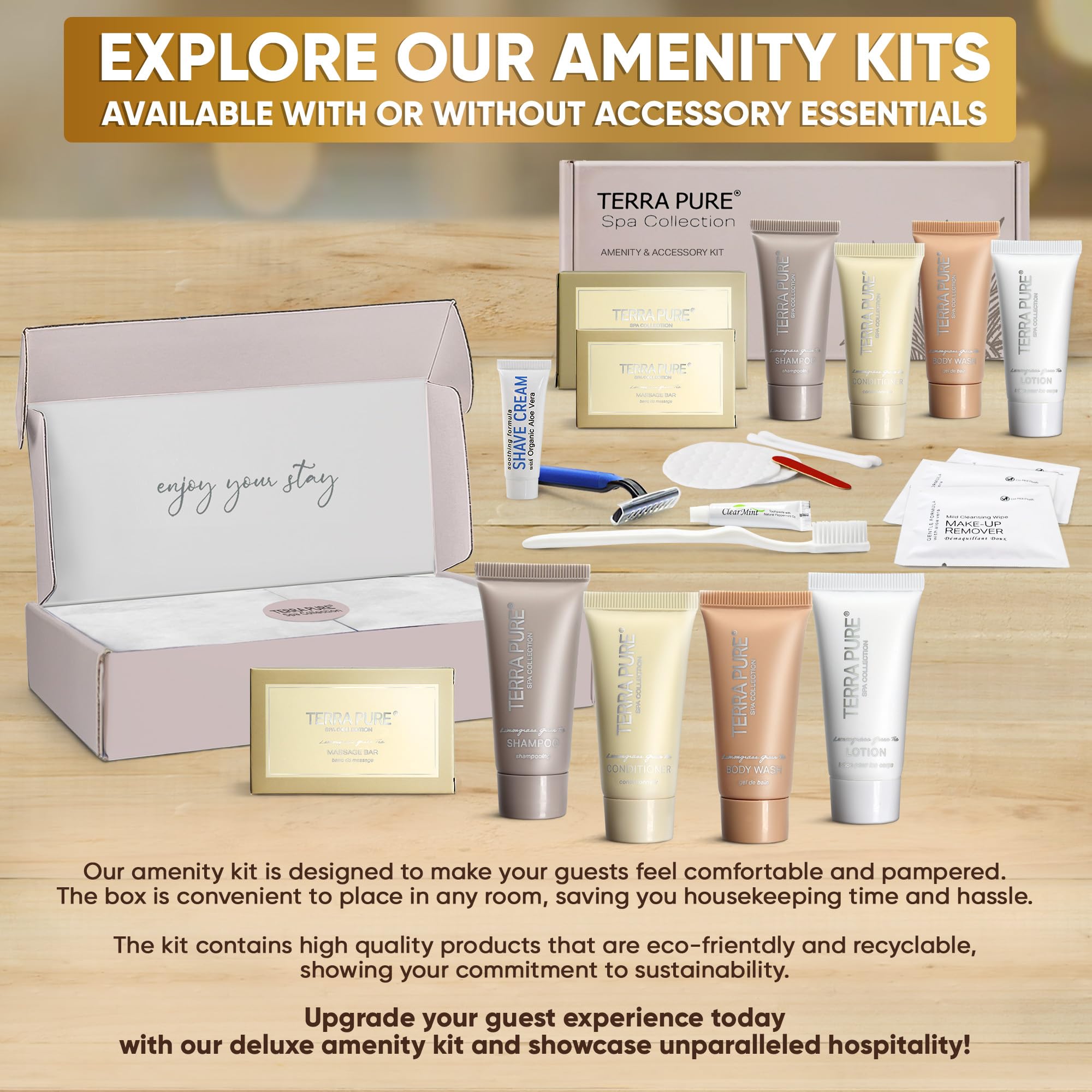 Terra Pure Spa Collection - 60-Piece Travel Amenity Kit with Shampoo, Conditioner, Lotion, Body Wash, Soap Bars, Shaving & Dental Sets, Makeup Remover Wipes | Perfect for Hotels, Spas, Airbnbs, and Luxury Travel Essentials