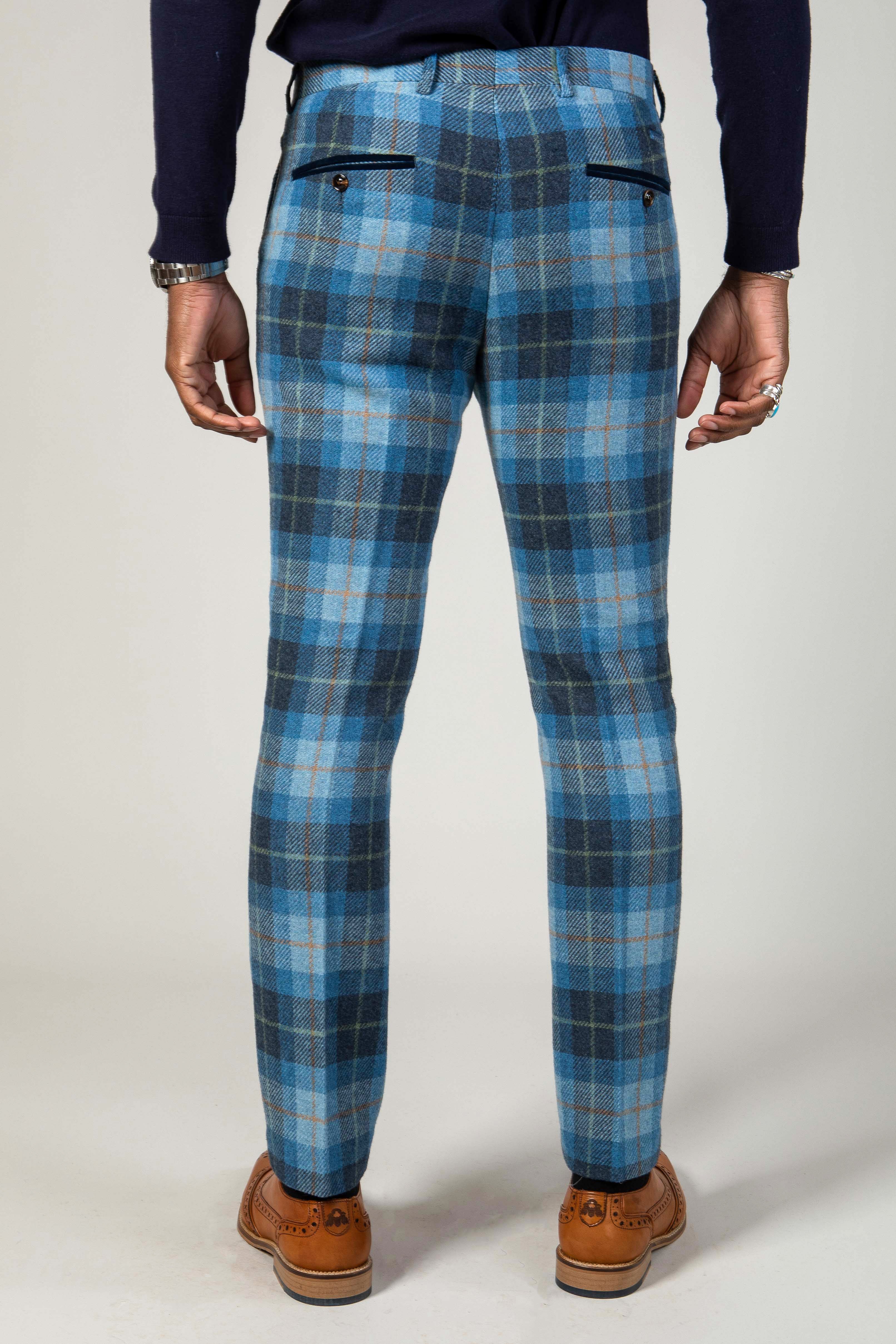 Stylish MORRIS Blue Tweed Check Trousers for Men - Classic Vintage Wool Pants for Office, Business & Casual Wear