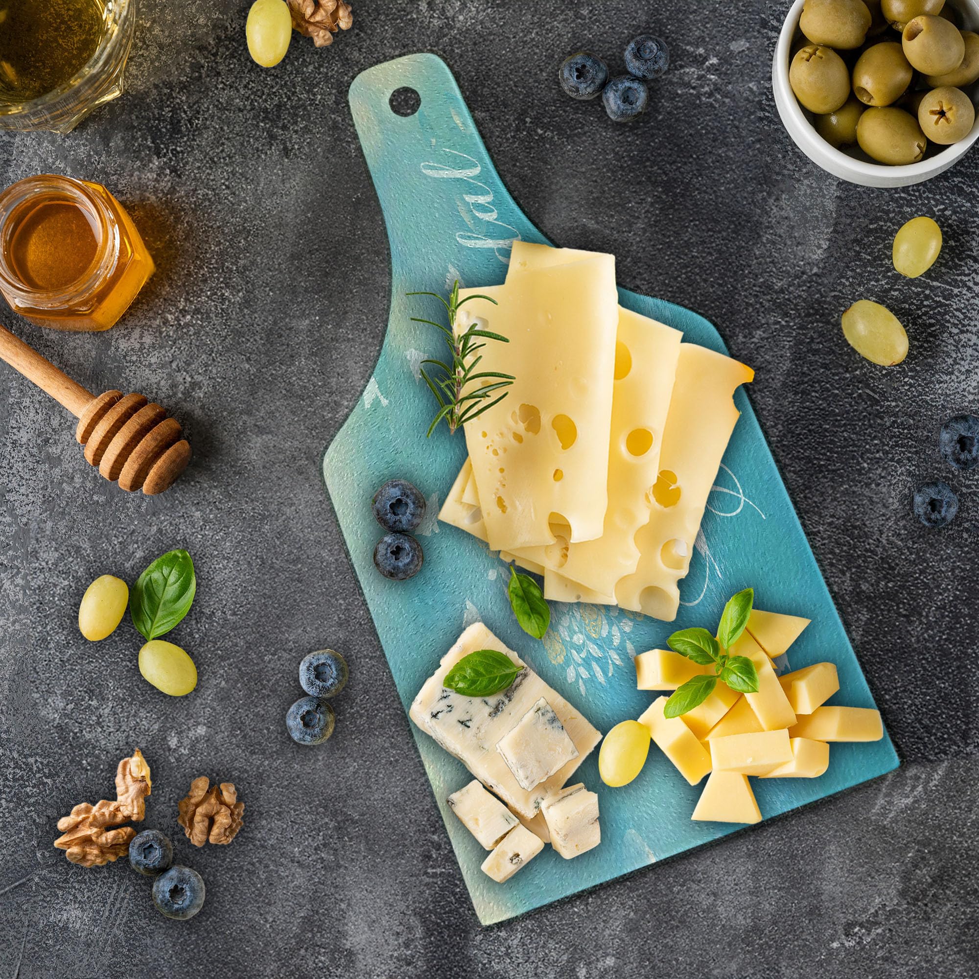 Ambesonne Wine Bottle Shaped Tempered Glass Cutting Board - Sunny Summer Sky with Birds & Flowers Design - Bridal Shower, Wedding Party Serving Board - Sky Blue, Cream & White - Perfect for Cheese Platters, Charcuterie & Wedding Gifts