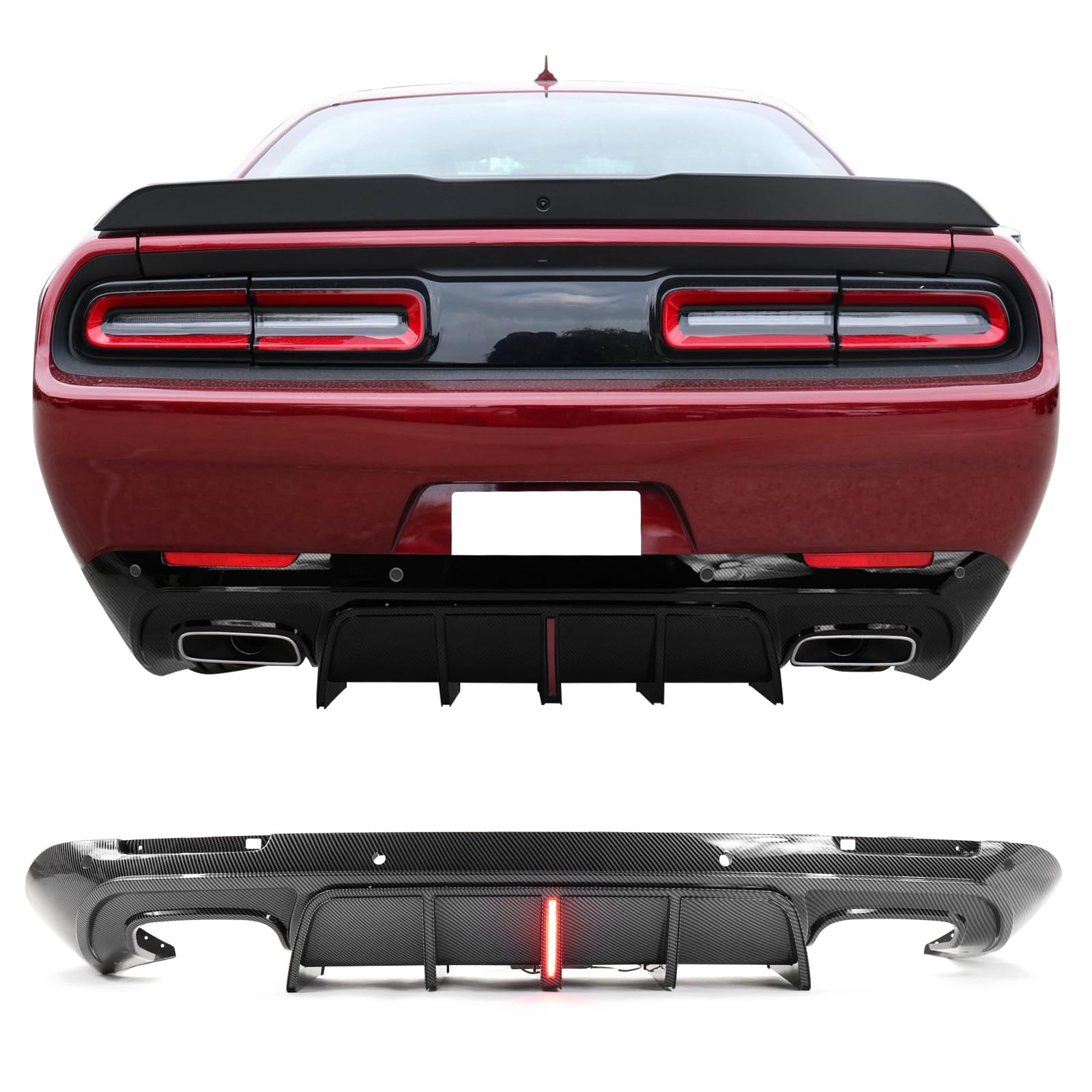 IKON V5 Style Carbon Fiber Print Rear Diffuser with LED Light | Compatible with 2015-2023 Dodge Challenger | PP Rear Bumper Lip Spoiler with Shark Fins | Upgrade Your Ride for Street Racing & Car Shows