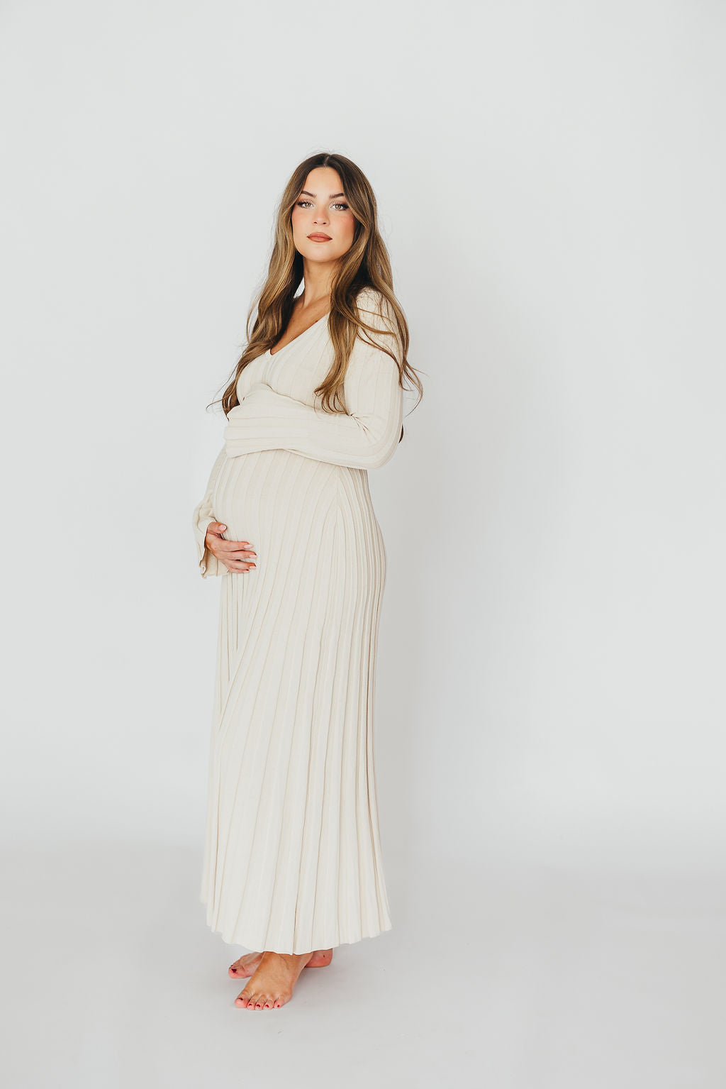Hadley Long Sleeve V Neck Knit Maxi Dress in Cream Taupe - Elegant Women's Casual Maxi Dress for Fall & Winter, Perfect for Office, Date Night and Holiday Parties