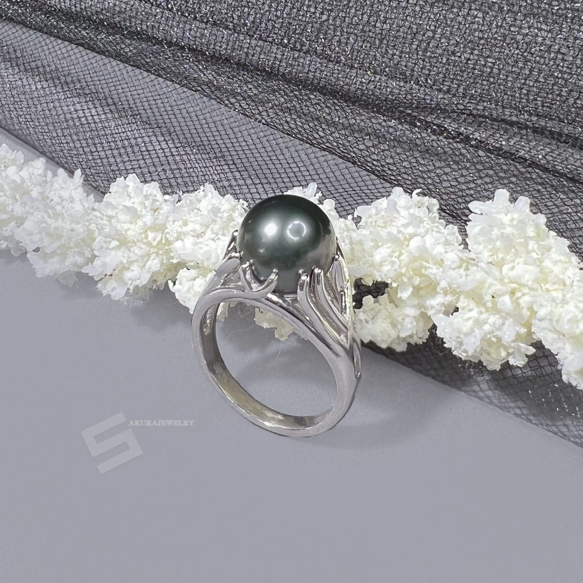 AAA Grade 10-11MM Tahitian Black Pearl Ring in Sterling Silver - Genuine South Sea Cultured Pearl Jewelry for Women - Perfect Valentine's Day Gift, Anniversary Present & Special Occasion Jewelry (Size US 6)