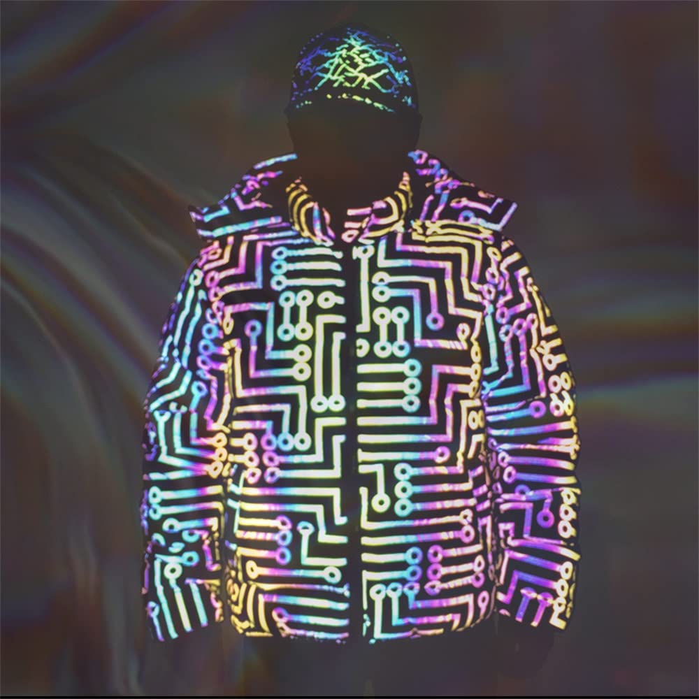 Reflective Cropped Puffer Jacket - Winter Coats for Women, Holographic Rave Outfit with Circuit Pattern (Size L) | Perfect for EDM Festivals, Streetwear & Cold Weather Fashion