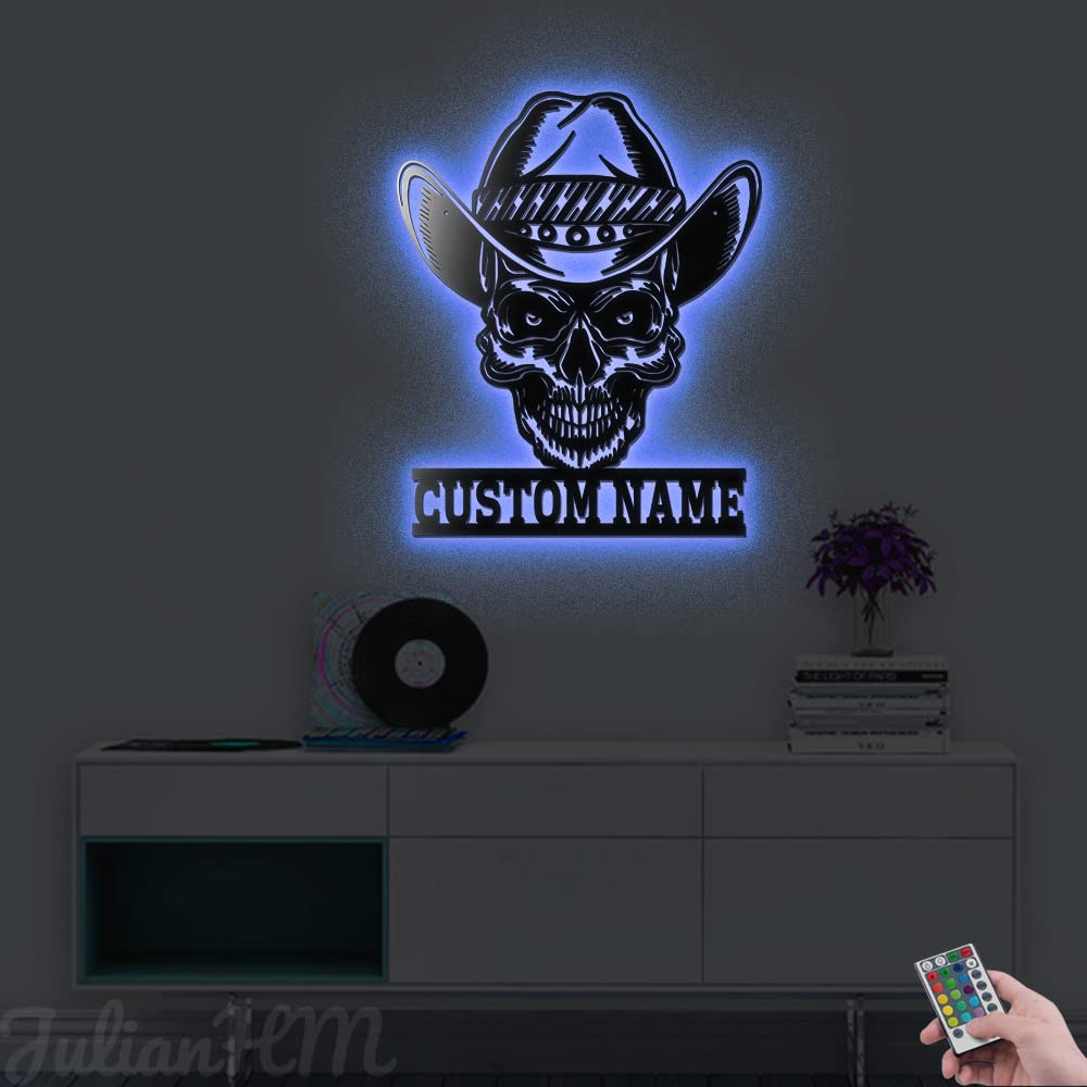 Custom Cowboy Skull LED Metal Wall Art - Personalized Name Sign for Home Decor, Western Theme Gift for Men, Father's Day Present (16x16 Inches, No Lights) - Perfect for Man Cave, Bar, Ranch, or Western-Themed Room Decoration