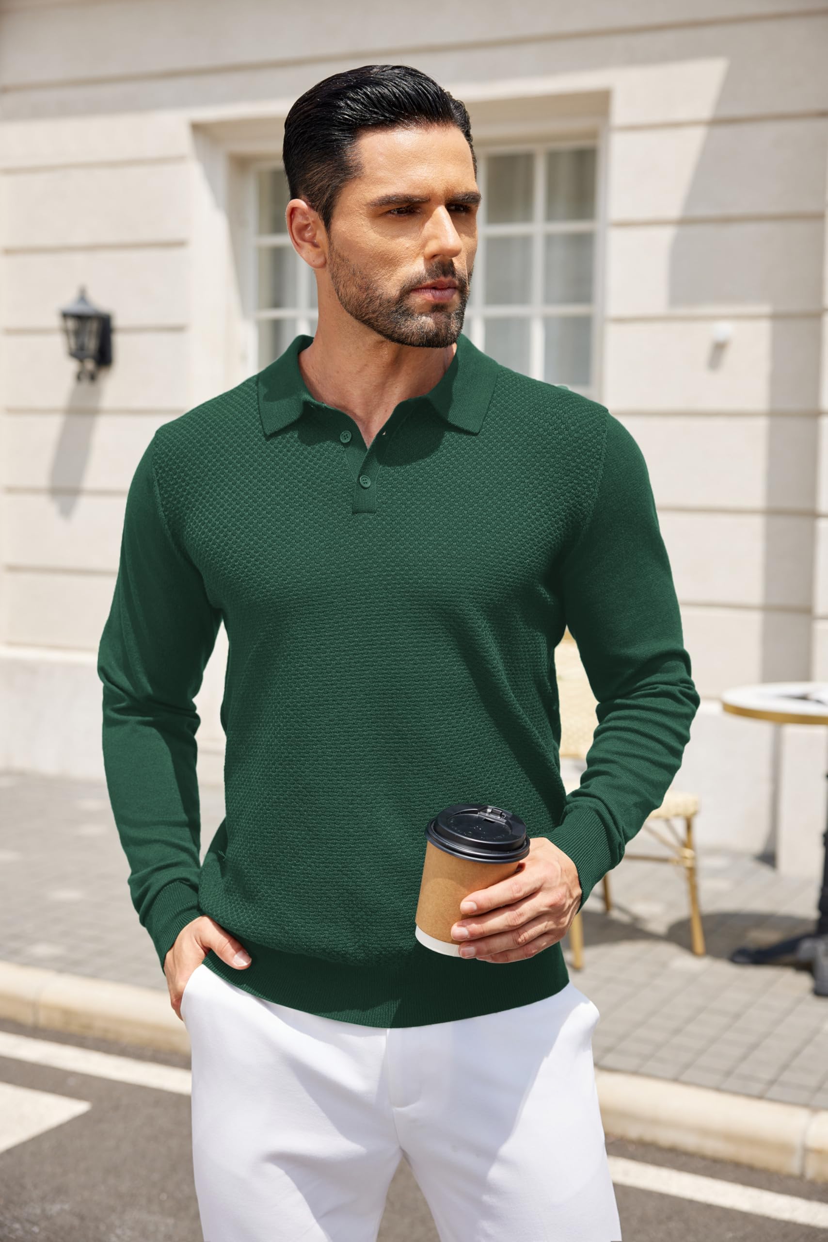 COOFANDY Men's Long Sleeve Knit Polo Sweater - Casual Quarter Button Collared Golf Pullover with Waffle Texture | Perfect for Golf, Office & Fall Layering