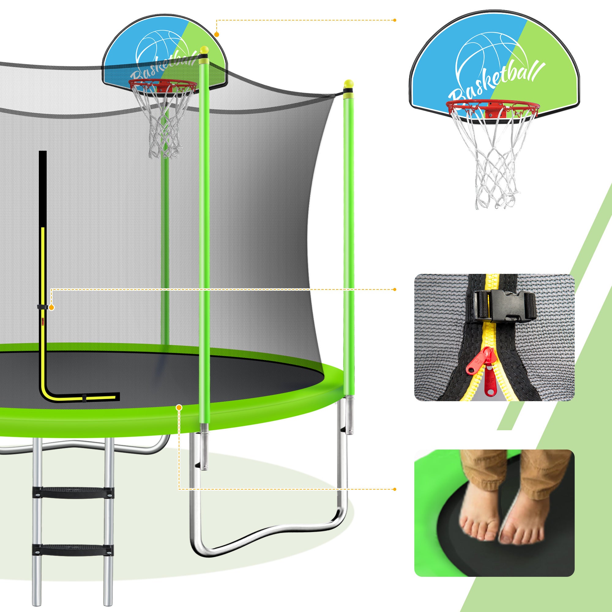 10FT Kids Trampoline with Safety Enclosure Net, Basketball Hoop & Ladder - Easy Assembly Outdoor Round Bouncer for Backyard, Garden & Playground Fun