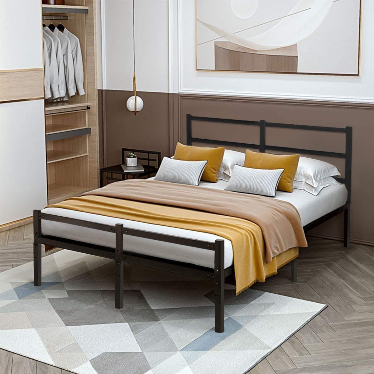 AKSG Full Size Bed Frame with Headboard - 14 Inch Sturdy Metal Platform Bed Frame, No Box Spring Needed, Heavy Duty Steel Slats & Underbed Storage Space - Perfect for Small Bedrooms, Guest Rooms & Dormitories