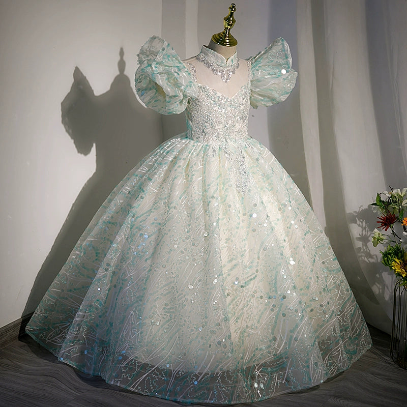 Elegant Mint Green Princess Floor-Length Sequined Flower Girl Dress for Weddings, Pageants & Special Occasions