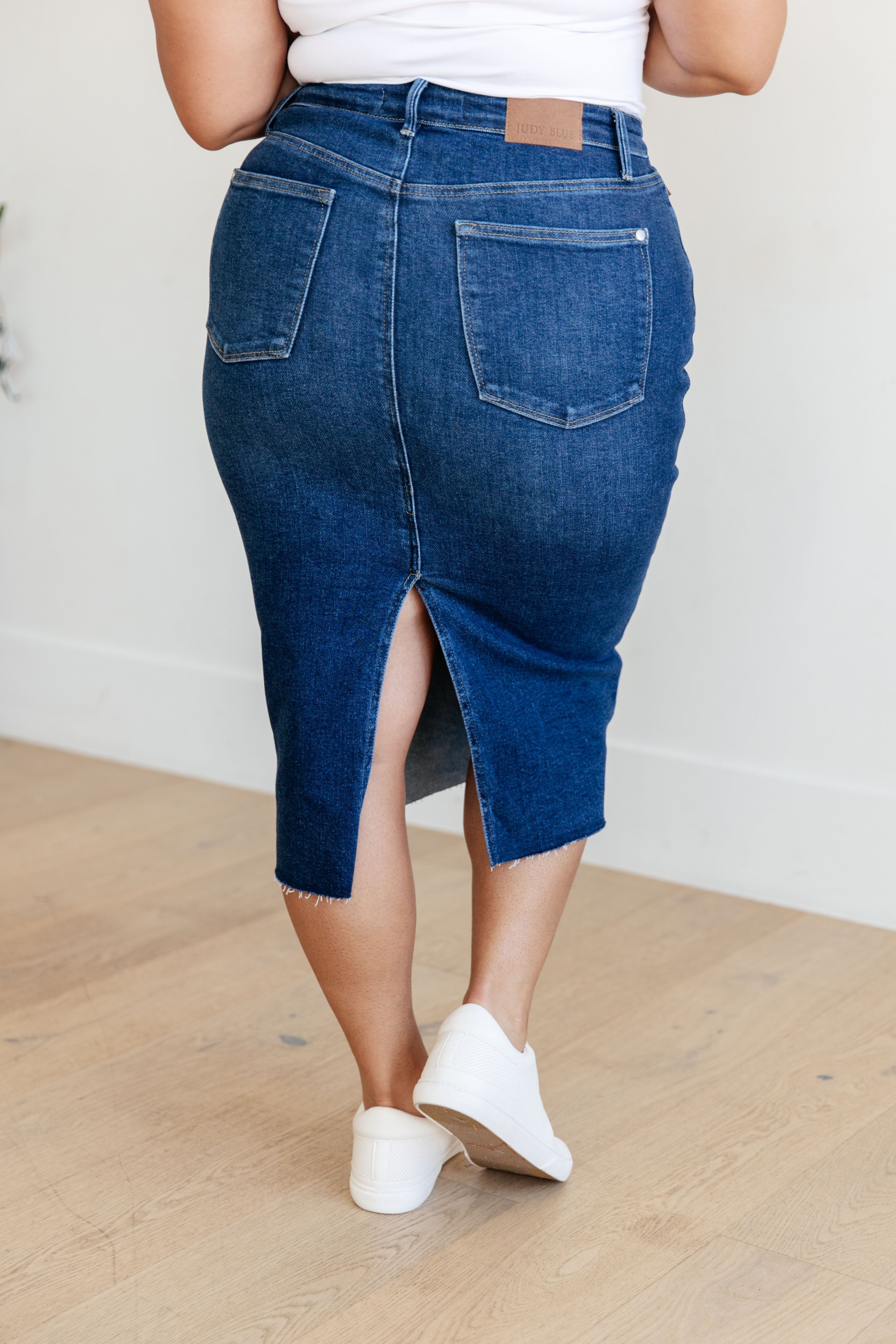 Marcy High Rise Denim Midi Skirt for Women - Stretchy Comfort Fit A-Line Denim Skirt | Perfect for Casual Outfits, Office Wear & Date Nights