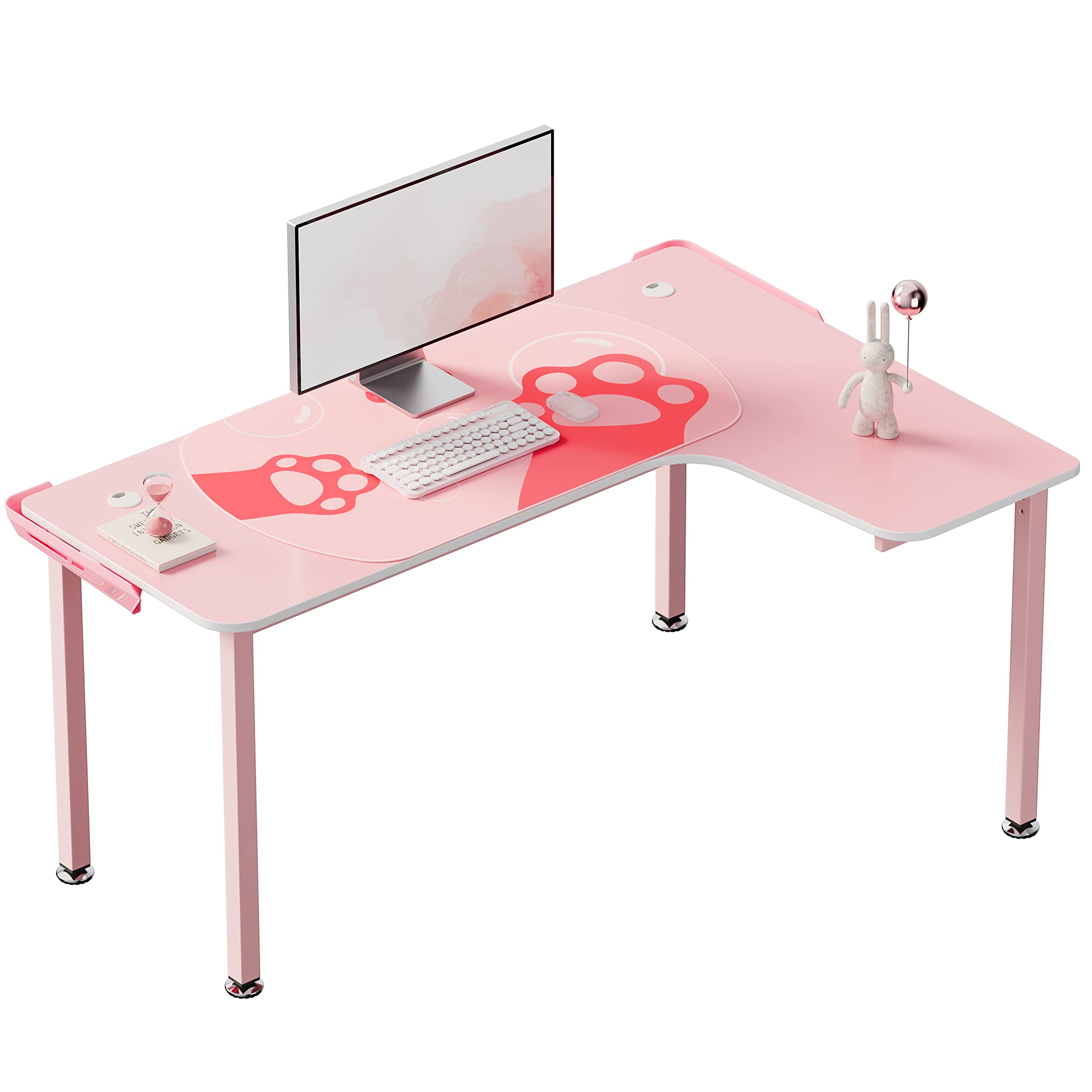 Pink L-Shaped Gaming Desk 60 inch with Full Covered Cute Desk Mat - Stylish Computer Desk for Girls, Easy to Assemble - Perfect for Gaming, Streaming & Home Office Setup