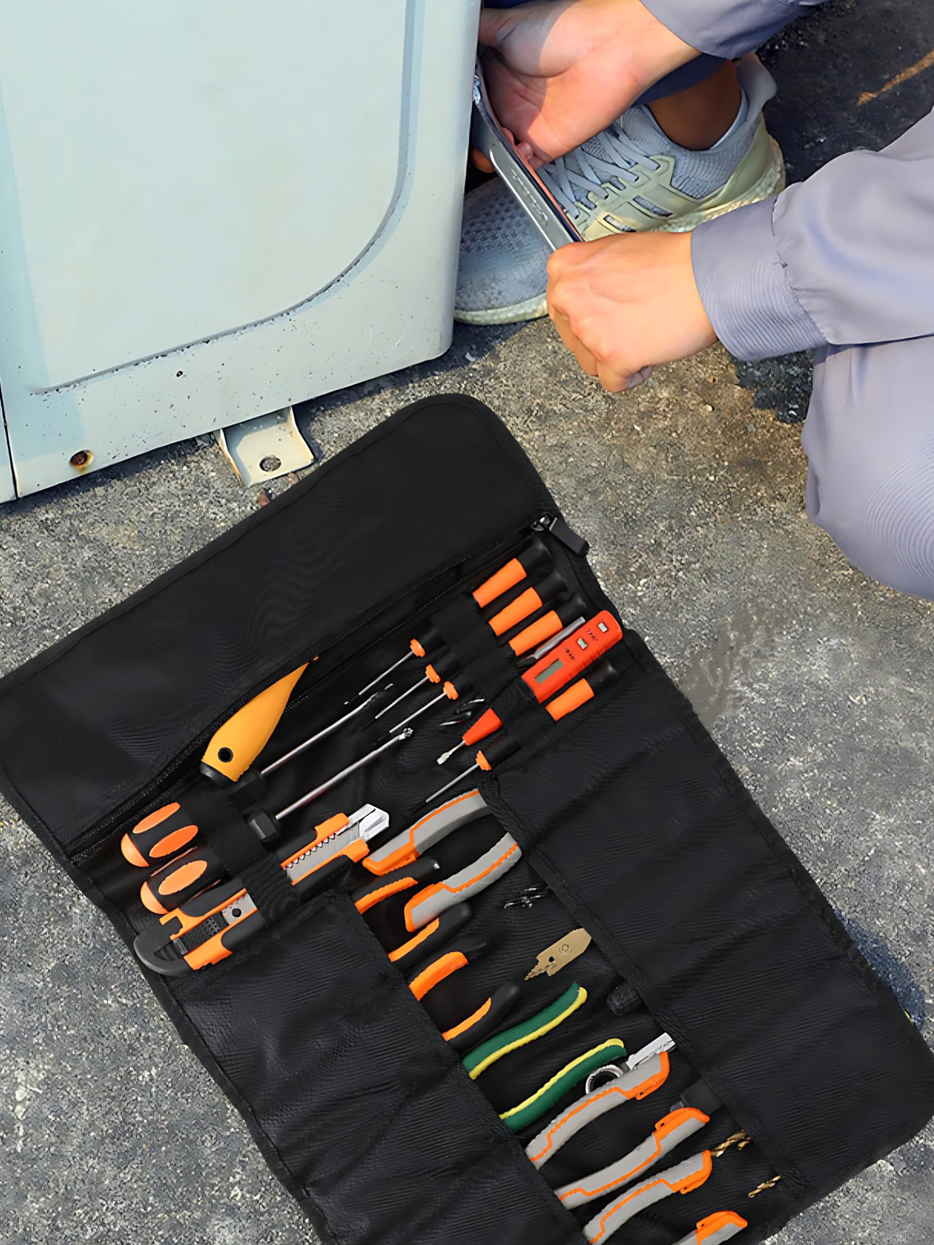 Heavy-Duty Rolling Tool Bag for Motorcycle & Car - Black with Handle & Elastic Rope - Thickened Abrasion-Resistant Oxford Fabric for Electricians, Wrenches & Screwdrivers - Perfect for Roadside Repairs & Professional Tool Storage