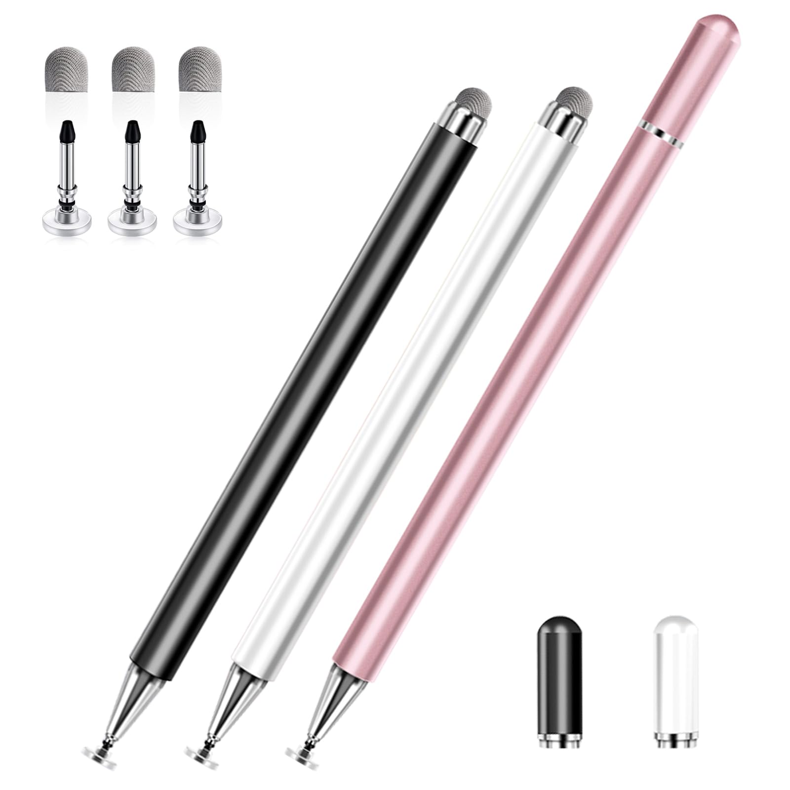 **2-in-1 High Precision Stylus Pen for iPad, iPhone, Android & Microsoft Tablets - 3 Pack (Black, Gold, White) - Universal Touch Screen Stylus for Drawing, Note-Taking & Digital Signatures**
