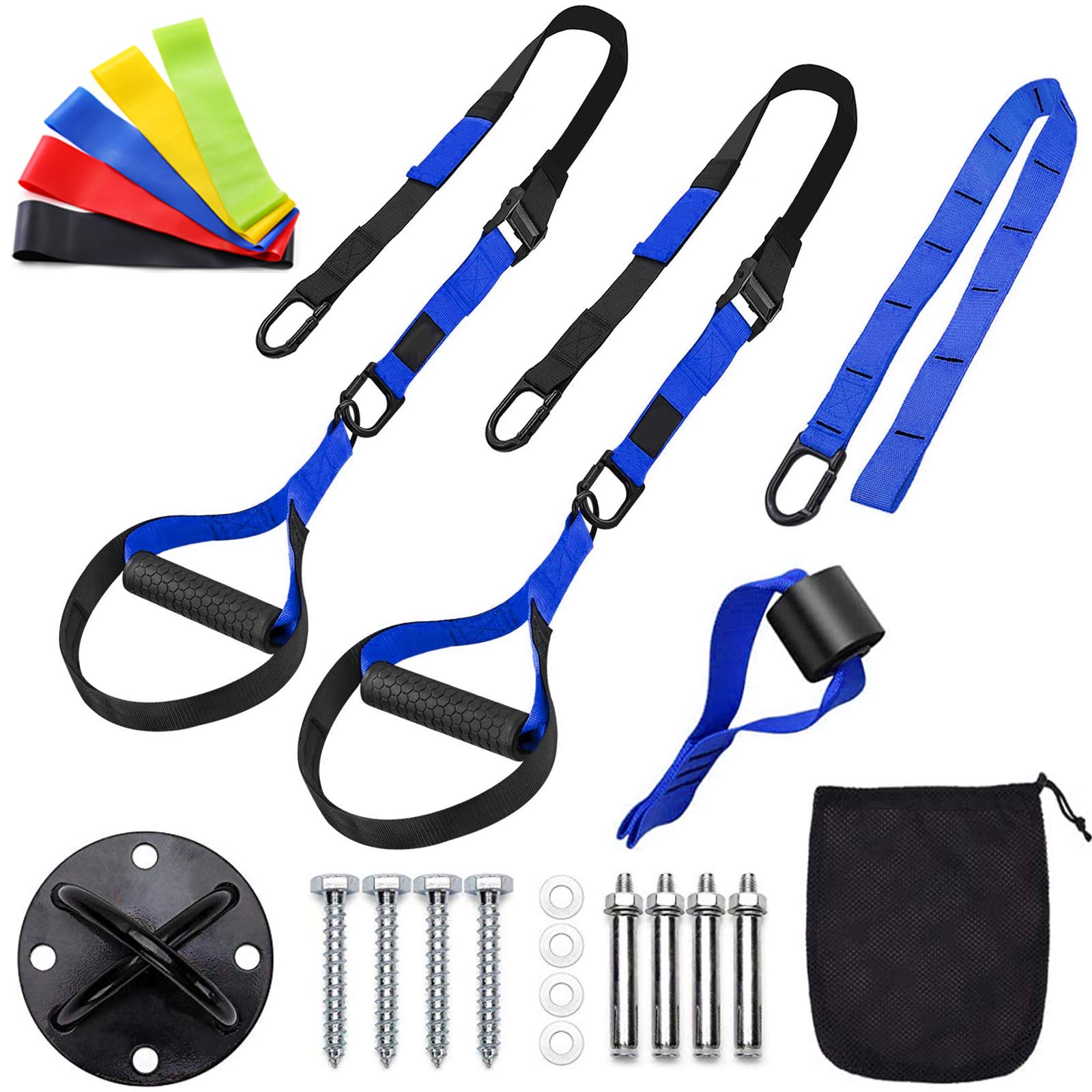 Sfeexun Bodyweight Resistance Training Straps - Suspension Trainer Kit with Door & Wall Anchor + 5 Exercise Bands for Full Body Workouts at Home, Travel & Outdoors - Perfect for Strength Training, Yoga, and Fitness Enthusiasts