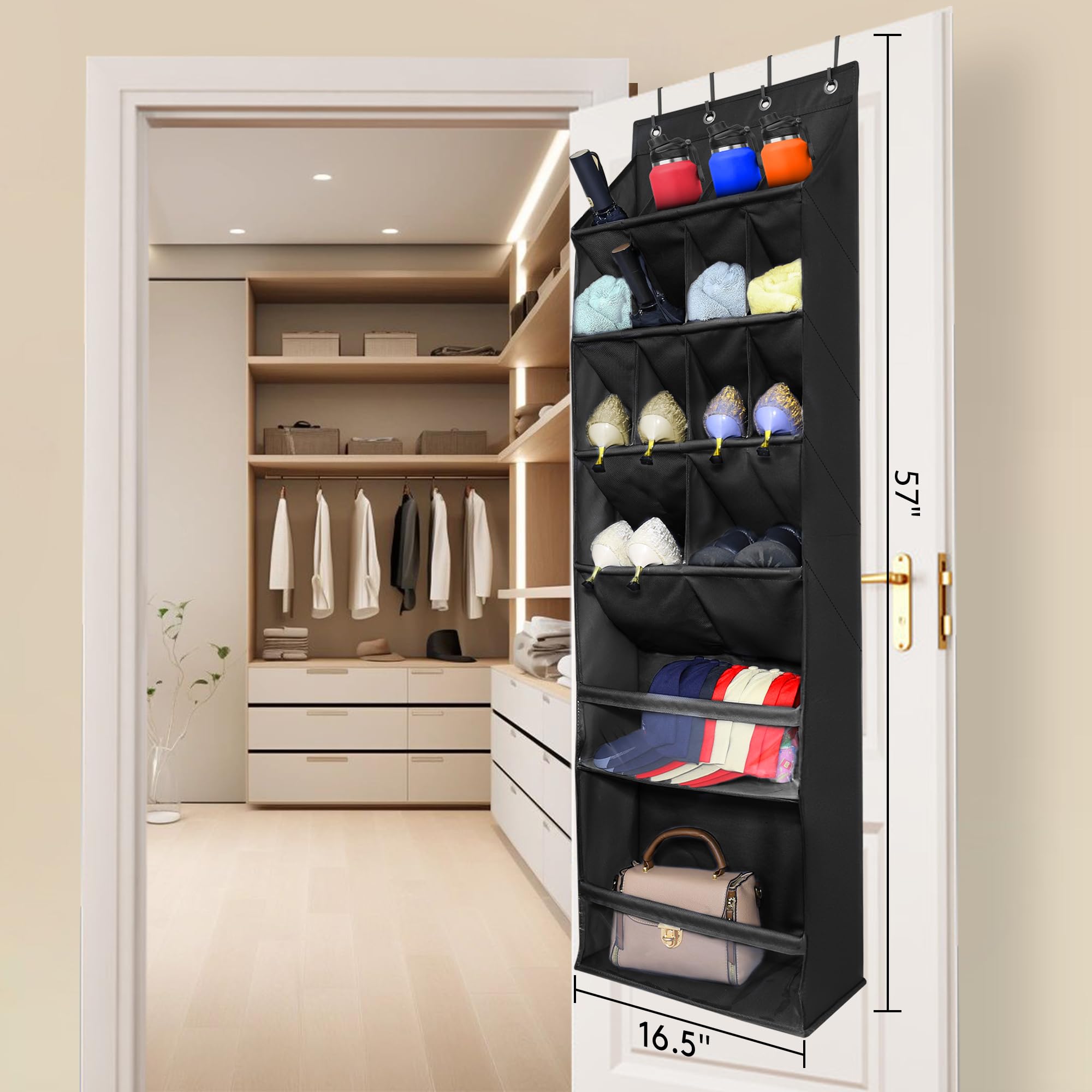 Over The Door Shoe Organizer with 16 Large Deep Pockets - Space Saving Hanging Shoe Rack for Narrow Doors - Multifunctional Storage for Dorm, Closet, Bedroom & Entryway - Black (Perfect for Small Spaces & Apartment Living)