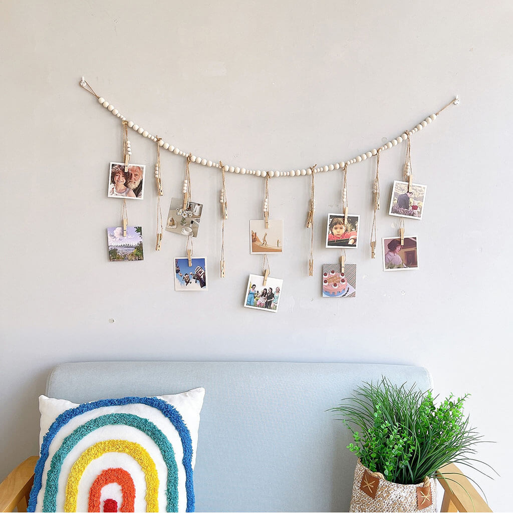 Wooden Beads Photo Display - Natural Wood Photo Clips for Hanging Pictures, DIY Wall Decor, Nursery & Home Decoration - Perfect for Baby Showers, Weddings and Memory Walls