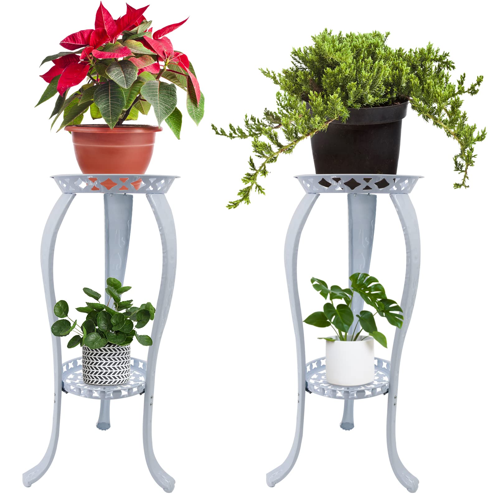 32 Inch Tall 2-Tier Metal Plant Stand - Rustproof Wrought Iron Flower Pot Holder for Indoor & Outdoor Garden Decor, White (2 Pack) - Perfect for Balcony, Patio, Living Room & Corner Spaces