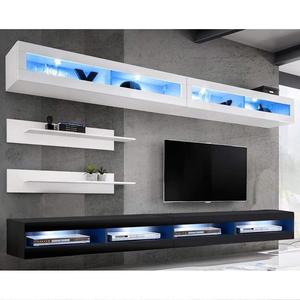 Modern Floating TV Stand with Storage & LED Lights - Wall Mounted Entertainment Center for Bedroom & Living Room - White/Black - Perfect for Small Spaces & Home Theater Setup
